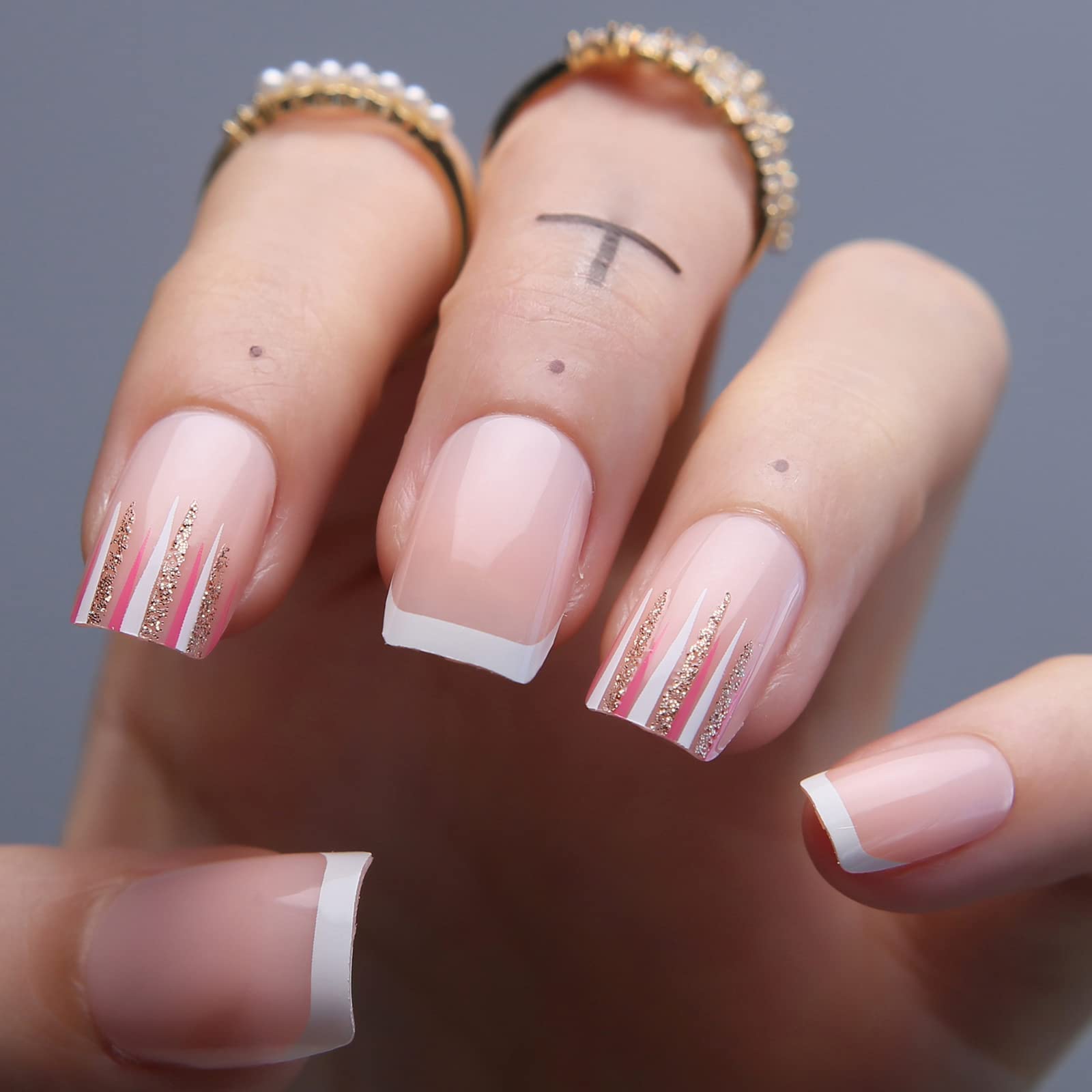 Nude Pink French Press On Nails - Short Square Fake Nails with White, Red & Gold Glitter Design - 36pcs Full Cover Glossy False Nails for Women & Girls - Perfect for Parties, Weddings, and Everyday Wear