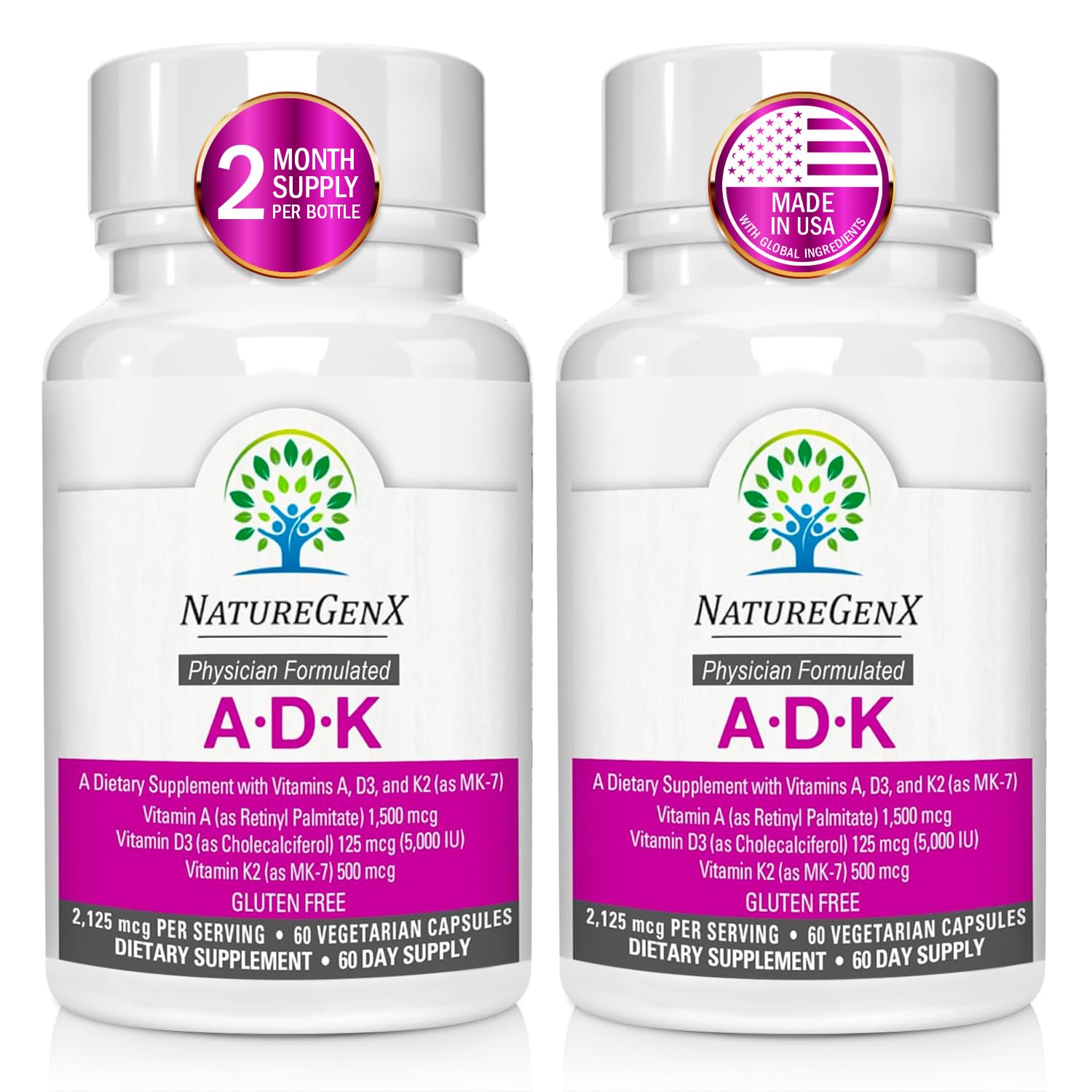 Premium ADK Vitamin Supplement for Bone Health - High Potency Vitamins A, D3 & K2 Complex | Gluten-Free, Non-GMO | 60 Capsules (2 Pack) | Supports Strong Bones, Joints & Immune System | Ideal for Adults, Seniors & Active Lifestyles