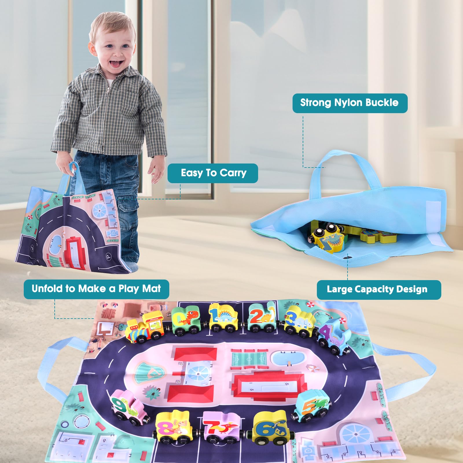 **Magnetic Wooden Dinosaur Train Set for Toddlers 1-4 Years - 11-Piece Montessori Learning Toy with Play Mat & Storage Bag - Perfect Christmas, Birthday, Easter Gift for Kids - Educational Dinosaur Toys for Home & Preschool Play**