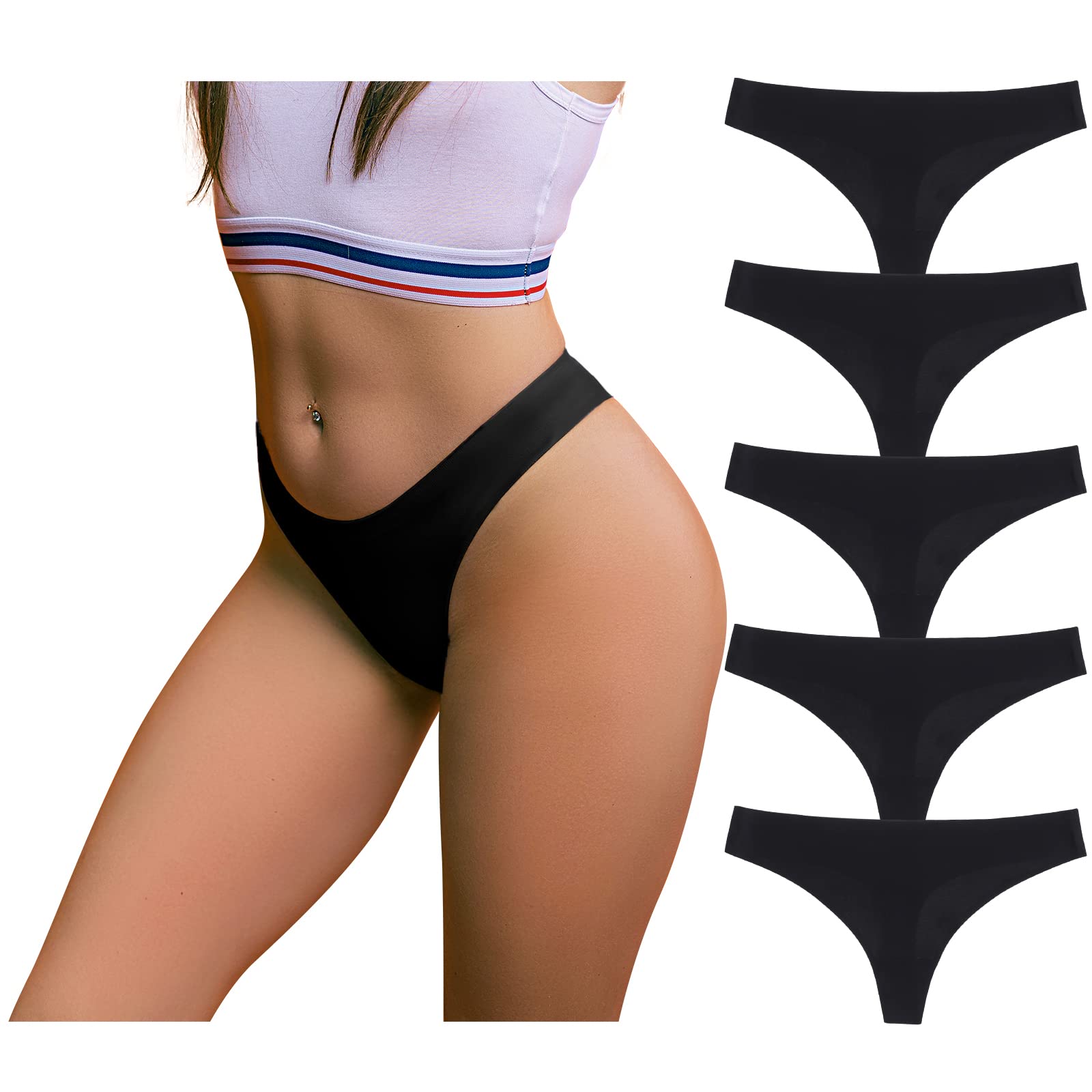 BIONEK Seamless Thong Underwear for Women - No Show Sexy Thong Panties, Breathable Tagless T-Back Low Rise 6 Pack - Perfect for Yoga, Workout & Everyday Wear