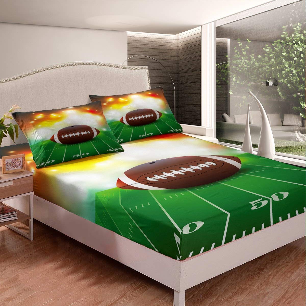 Football Bedding Set for Kids & Teens - Green Rugby Field Fitted Sheet, Sports Theme 3-Piece Full Size Bedspread - Perfect for Boys' Bedroom Decor & Sports Lovers' Room