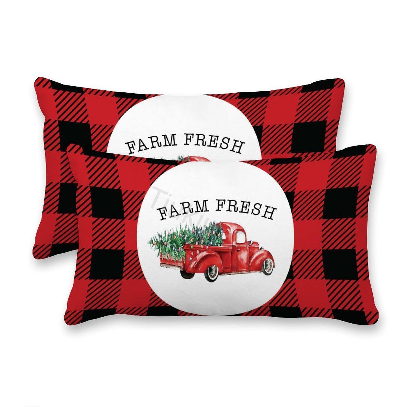 2 Pack Canvas Christmas Truck Buffalo Plaid Lumbar Pillow Covers - 14x24 Inch Decorative Rectangular Throw Pillow Cases for Couch, Sofa, Bed & Living Room - Perfect for Holiday Home Decor and Cozy Winter Accents
