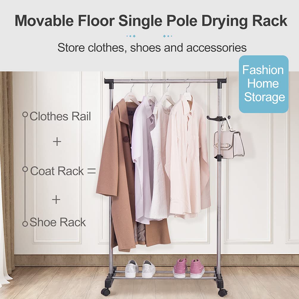 BAOYOUNI Adjustable Rolling Coat Rack with Wheels - Heavy Duty Metal Garment Rack for Clothes, Hats, Purses & Accessories - Mobile Clothing Organizer & Display Stand (Black) - Perfect for Retail Stores, Boutiques, Bedrooms & Closet Organization