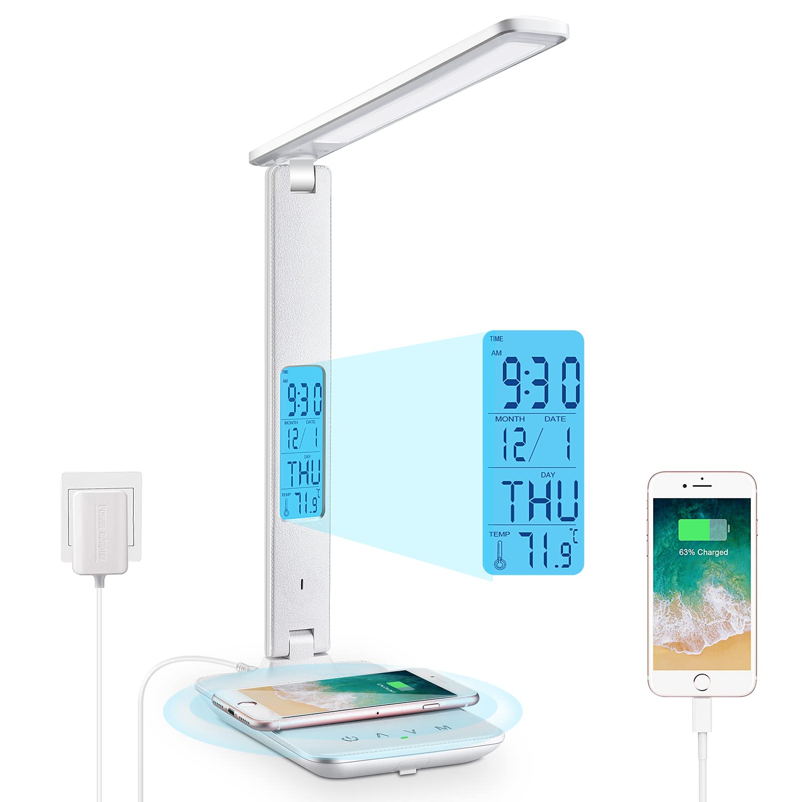 LAOPAO Wireless Charging Desk Lamp with USB Port & Digital Clock - Adjustable LED Table Lamp for Home Office, Study, College Dorm Room - Perfect for Night Reading, Working & Phone Charging