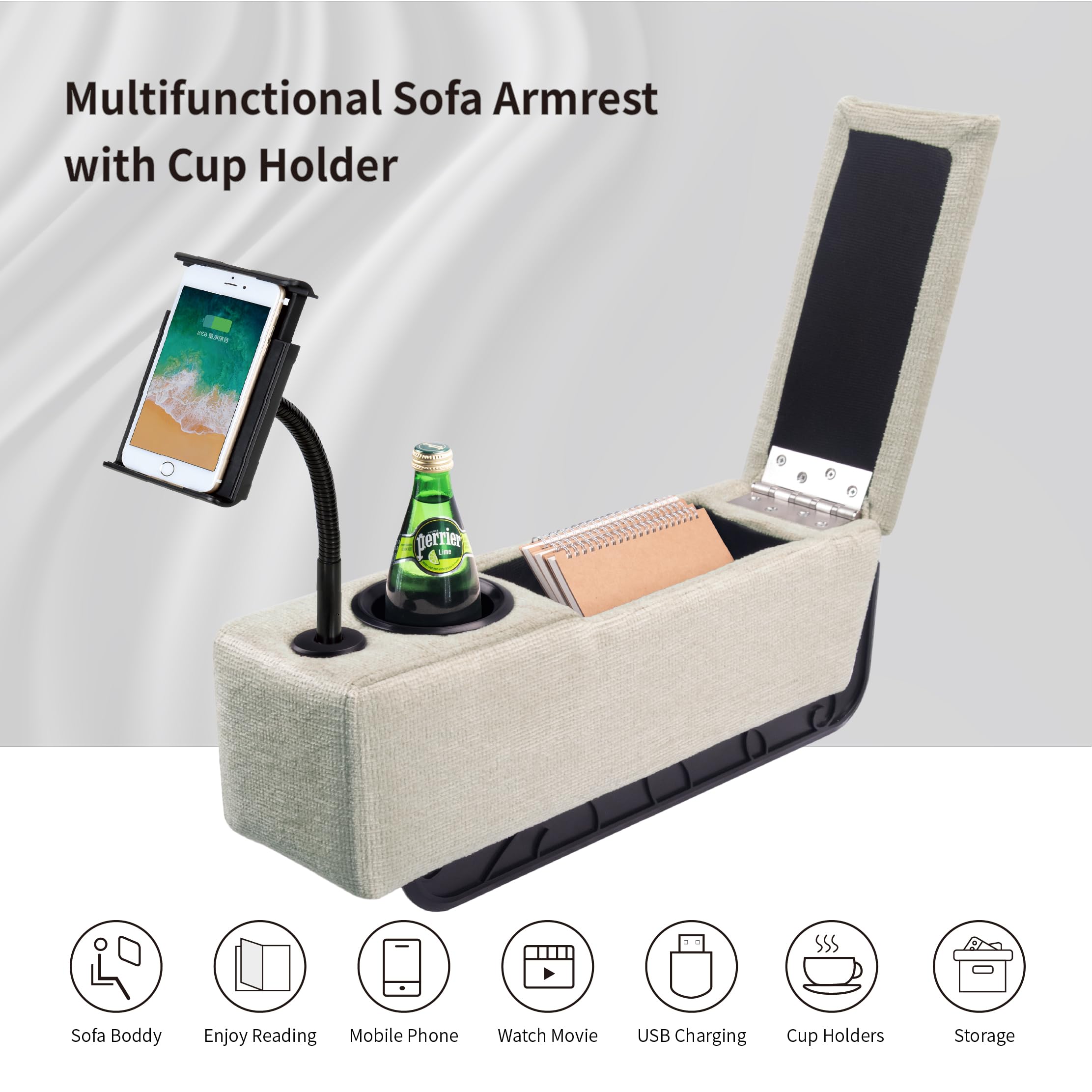 Multifunctional Removable Sofa Armrest with Cup Holder & Wireless Charger - Couch Caddy with Storage & LED Reading Light - Almond - Perfect for Living Room, Bedroom & Office Use