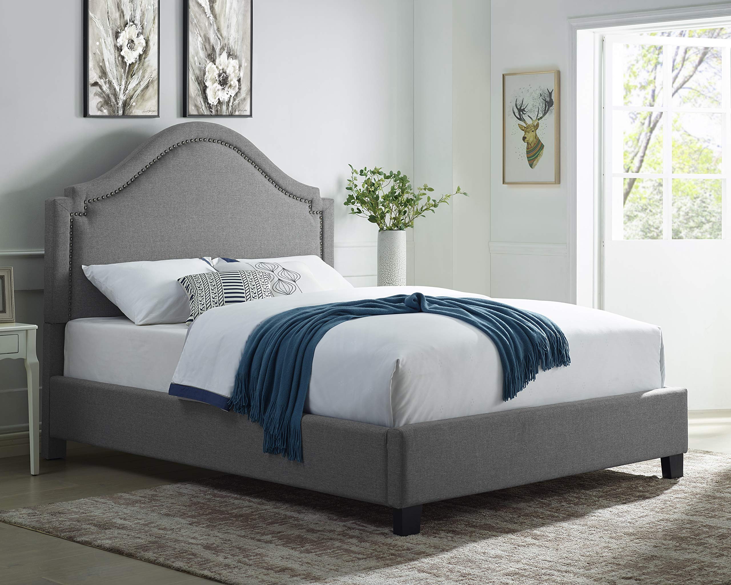 Roundhill Furniture LIDA Upholstered Panel Bed with Nailhead Trim - King Size Gray Upholstered Bed Frame for Master Bedroom | Elegant Bedroom Furniture with Tufted Headboard