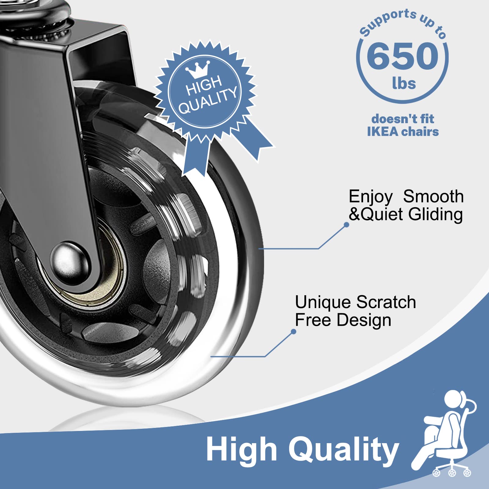 Huracan Office Chair Wheels - Set of 5 Heavy Duty Rubber Casters for Hardwood Floors | Replacement Computer Desk Chair Wheels (Not Compatible with IKEA) | Perfect for Home Office, Gaming Chairs & Conference Rooms