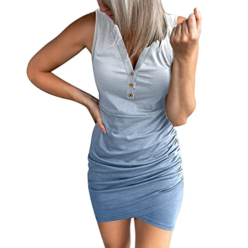 Women's Printed V-Neck Sleeveless Sundress - Casual Summer Dress with Button Gradient Neckline (Blue, XXL) | Perfect for Beach Outings, Vacations & Everyday Wear