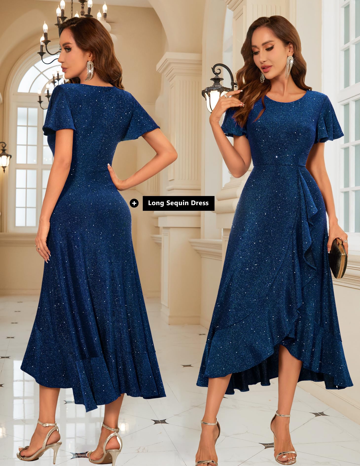BeryLove Women's Sequin Formal Party Dress with Flutter Short Sleeves - Elegant Wedding, Cocktail & Evening Gown for Special Occasions | Perfect for Prom, Bridesmaid & Black Tie Events