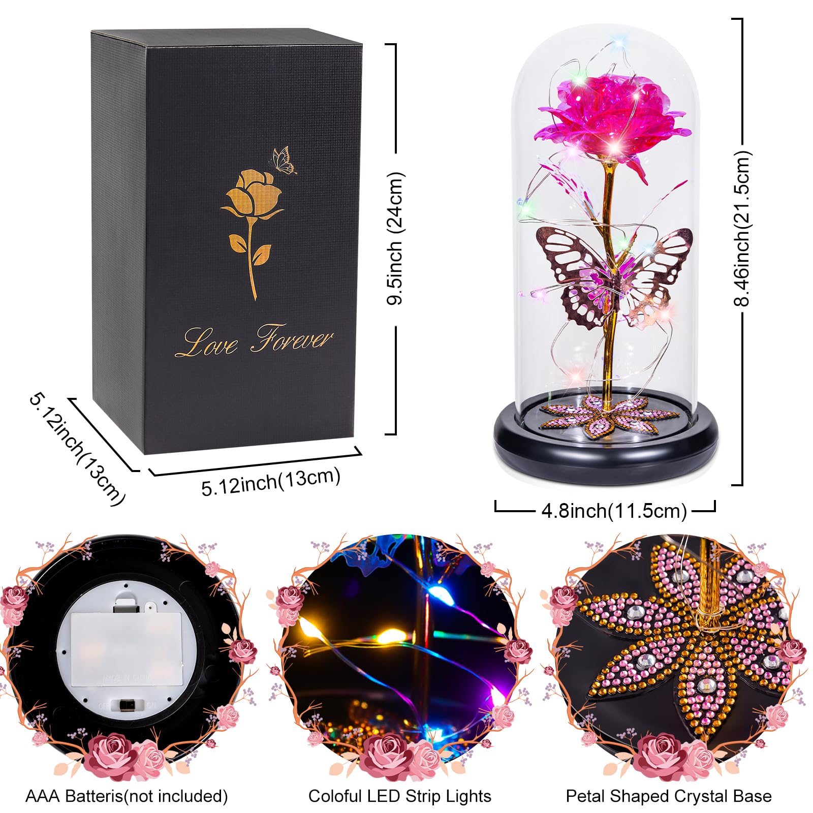 Eternal Crystal Rose in Glass Dome with Butterfly - Light Up LED Flower Gift for Mother's Day, Anniversary, Birthday (Pink) - Perfect for Women, Mom, Wife, Daughter, Sister - Romantic Home Decor & Special Occasion Present