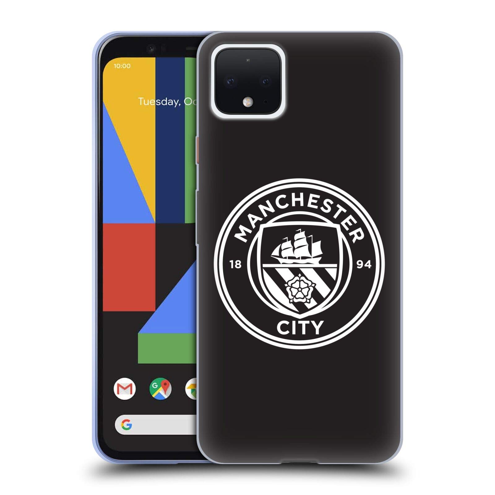 Manchester City FC Official Licensed Soft Gel Case for Google Pixel 4 - Black & White Outline Badge Design - Perfect for Fans, Matchdays & Everyday Protection