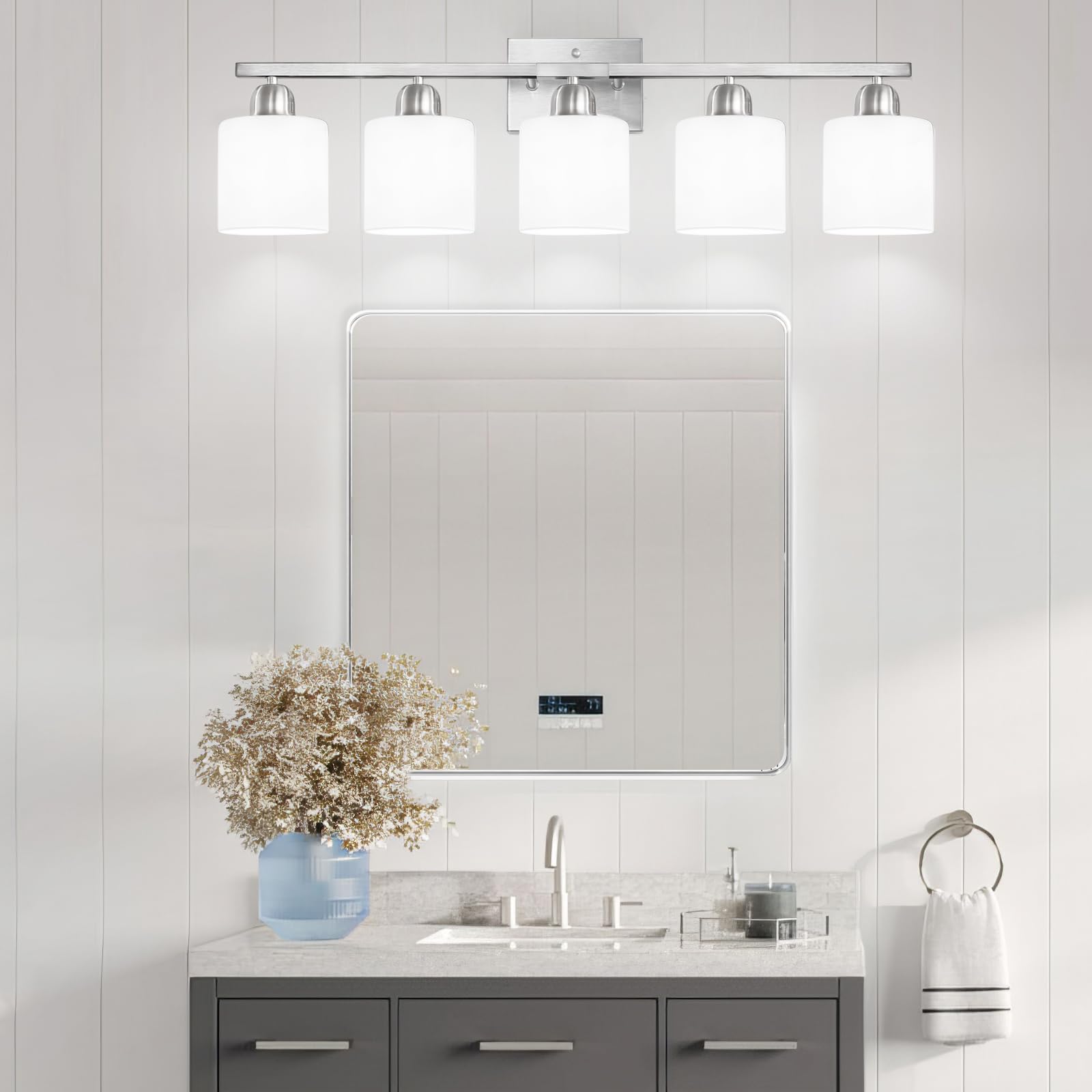 5-Light Bathroom Vanity Light Fixture Brushed Nickel with Milky White Frosted Glass Shade, E26 Base - Perfect for Bathroom Mirror, Bedroom, Living Room & Dressing Area Lighting