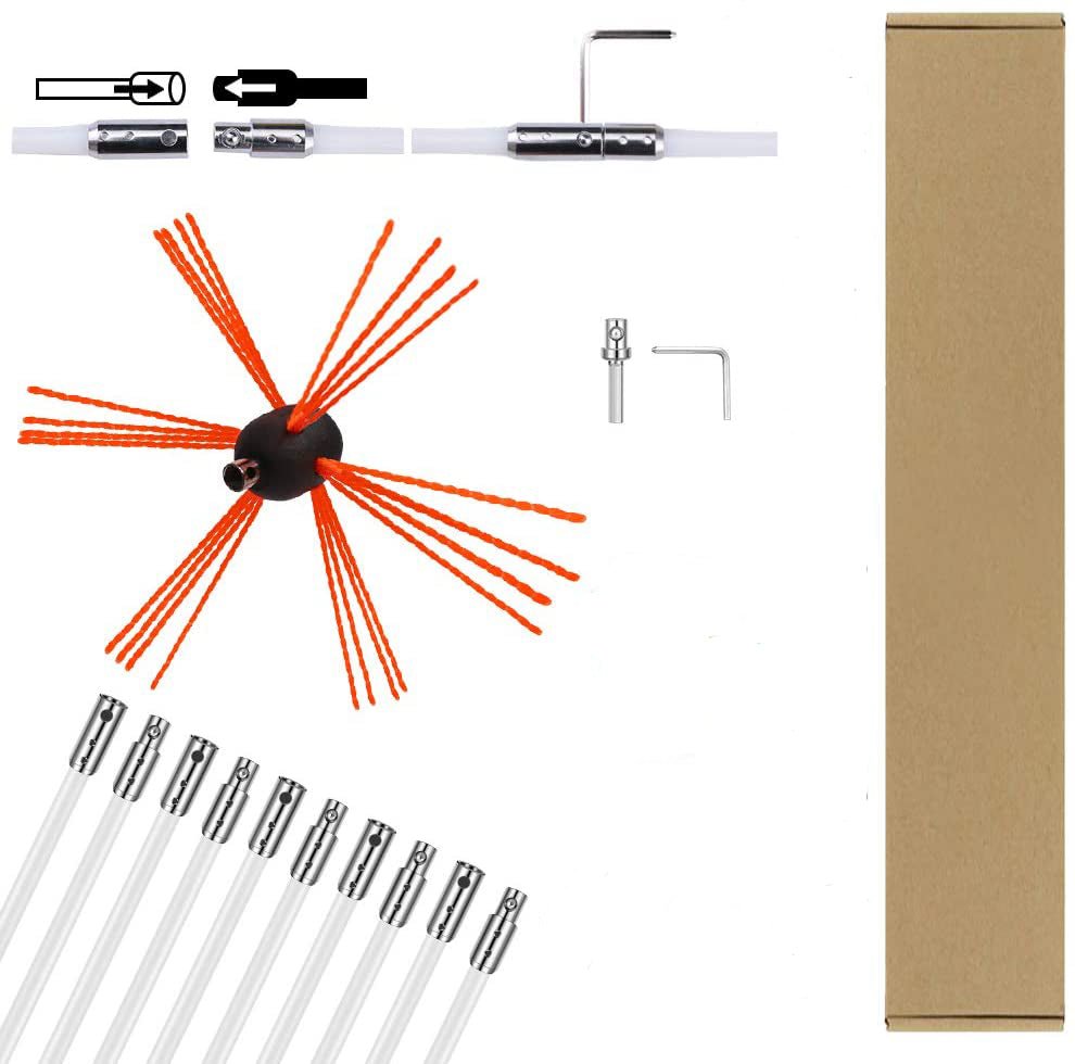 33 FT Chimney Sweep Brush Kit with 10 Nylon Rods - Rotary Drill Powered Chimney Cleaning Tool with Locking System S3087 for Fireplace, Wood Stove & Pellet Stove Maintenance