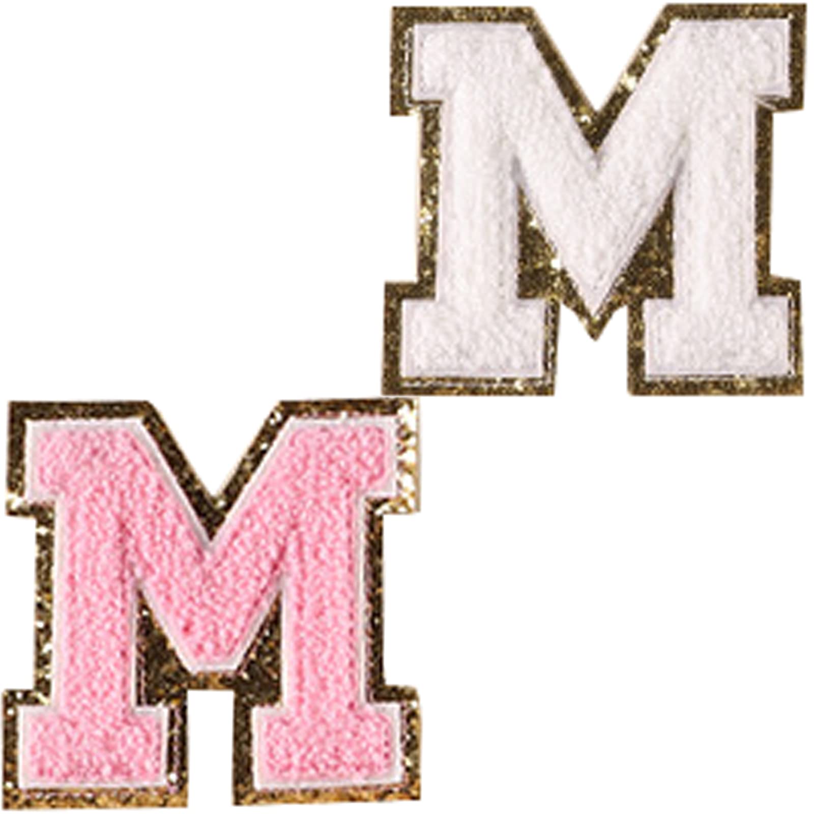 Custom Iron-On Letter Patches with Gold Glitter Border - Varsity Initial Patches for Jackets & Bags (Pink & White, 2-Pack) - Perfect for DIY Clothing, School Spirit, and Personalized Gifts