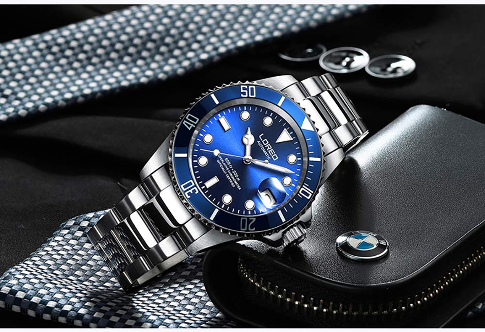 LOREO Men's Automatic Watch - Silver Stainless Steel, Sapphire Glass, Black Rotating Bezel | Luxury Dress Watch for Business, Formal Events & Everyday Wear
