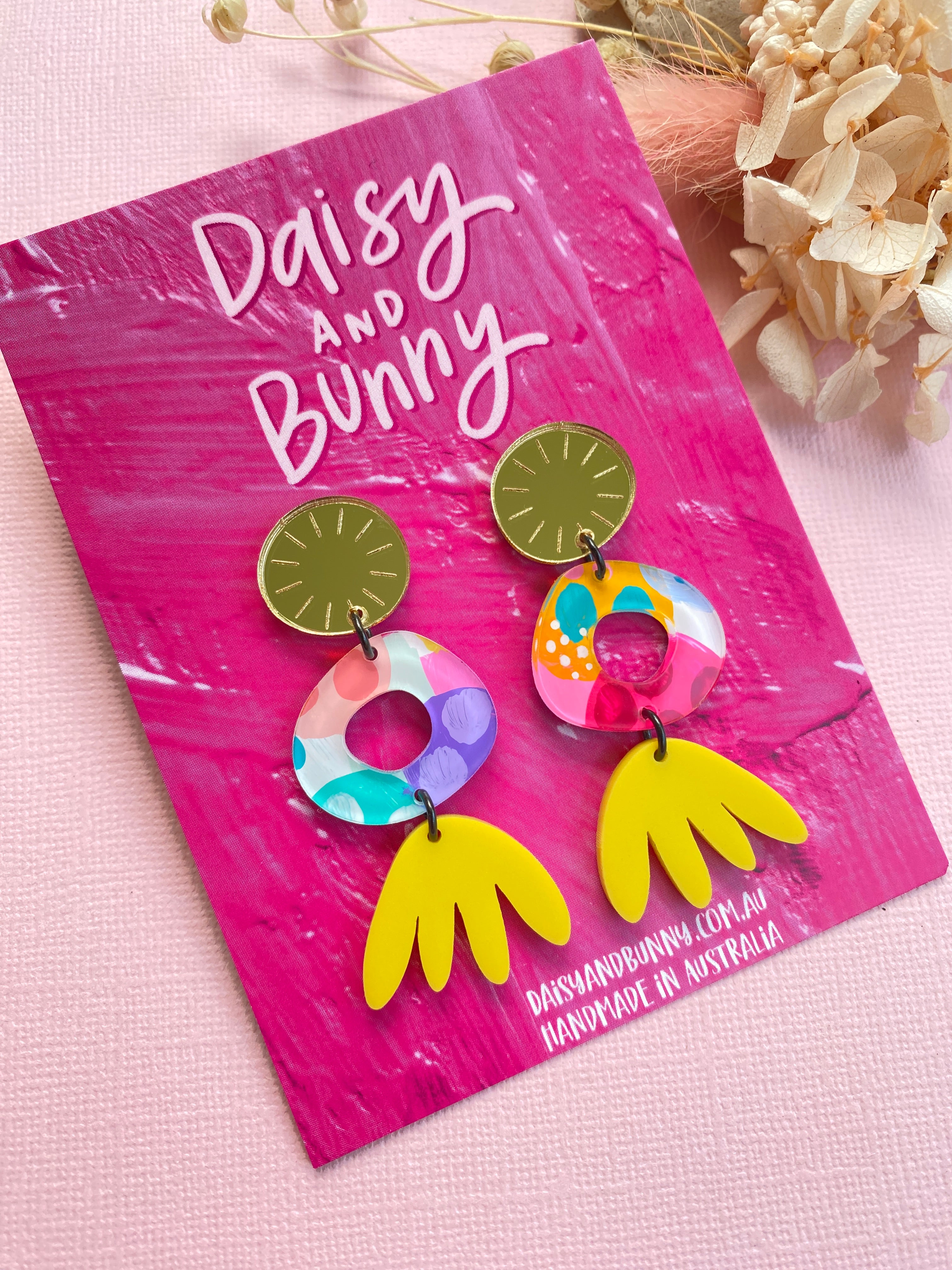 Hand Painted Nellie Dangles Earrings in Dopamine Yellow by Daisy & Bunny - Boho Chic Jewelry for Women, Perfect for Summer Outfits & Music Festivals