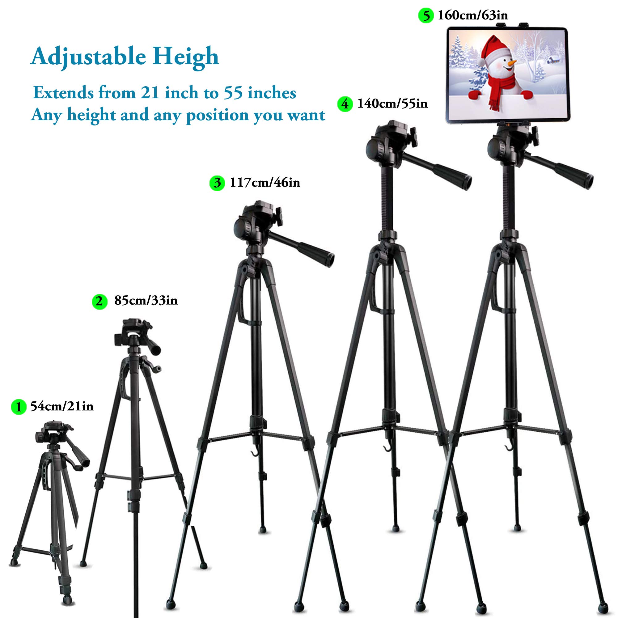 Heavy Duty 60-inch Adjustable Tripod Stand for iPad, iPhone, Tablet (3.5-13.5 inch) - Compatible with iPad Pro/Air/Mini 12.9/11, DSLR Cameras - Includes Remote for Video Calls, Zoom Meetings & Photography