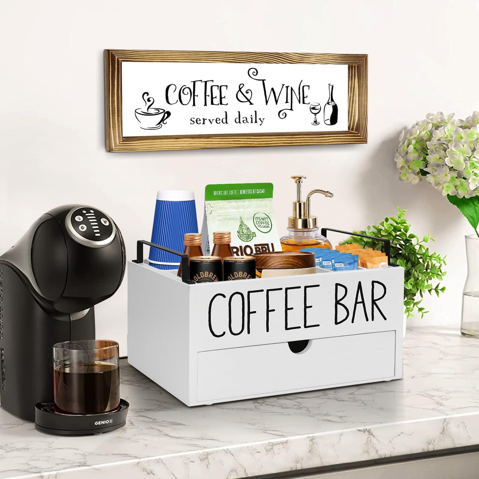 Wooden Coffee Station Organizer with Drawer - Farmhouse Style K-Cup Pod Holder & Storage Box with Handle - Perfect for Coffee Bar Decor & Kitchen Counter Organization - Ideal for Home, Office, or Cafe Use