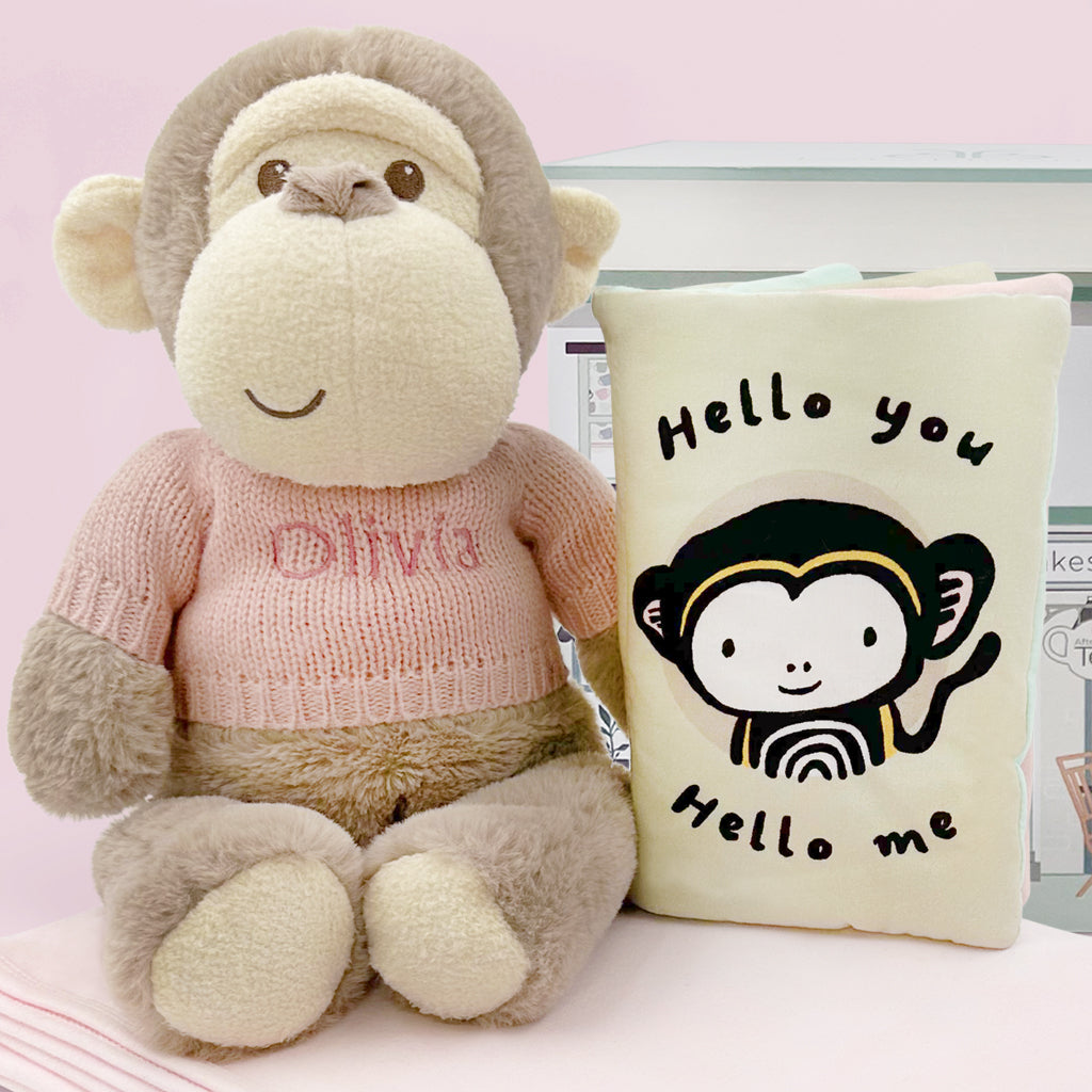 Personalized Morris Monkey Plush Toy with Snuggle Wrap & Storybook - Pink Cuddly Stuffed Animal for Babies, Toddlers, Kids | Perfect for Nursery Decor, Birthday Gifts & Comfort Companions