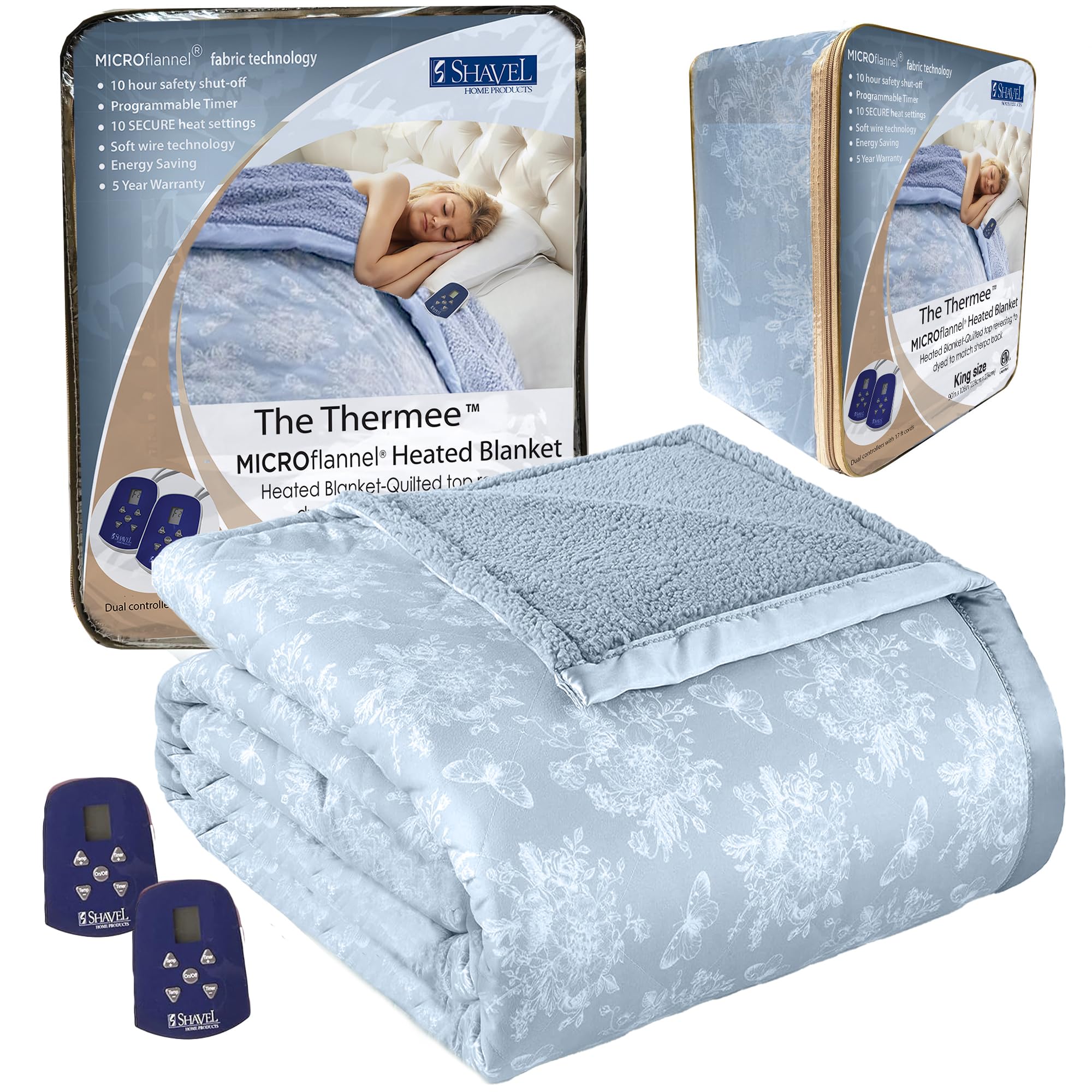 Thermee Micro Flannel Heated Blanket with Sherpa Back - King Size Electric Blanket with 10 Heat Settings, Programmable Fast Heating Throw - Ultra Soft Thermal Blanket in Toile Sky Blue - Perfect for Winter Nights, Bedroom Comfort & Cozy Home Decor