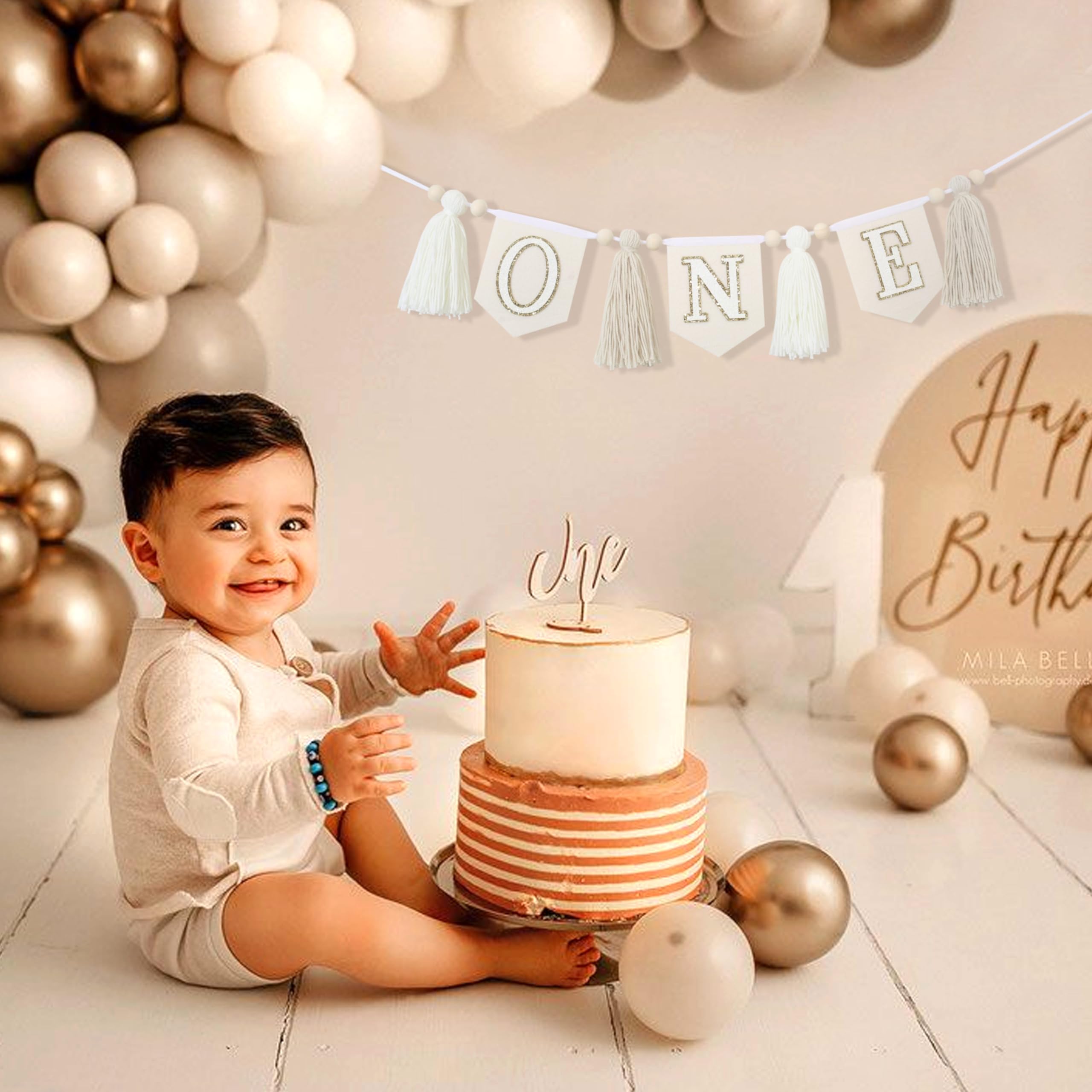 Boho Creamy White Tassel Banner for 1st Birthday - Wood Bead Garland, High Chair Decoration & Nursery Wall Hanging | Perfect for Baby's First Birthday Party, Nursery Decor and Photo Backdrops