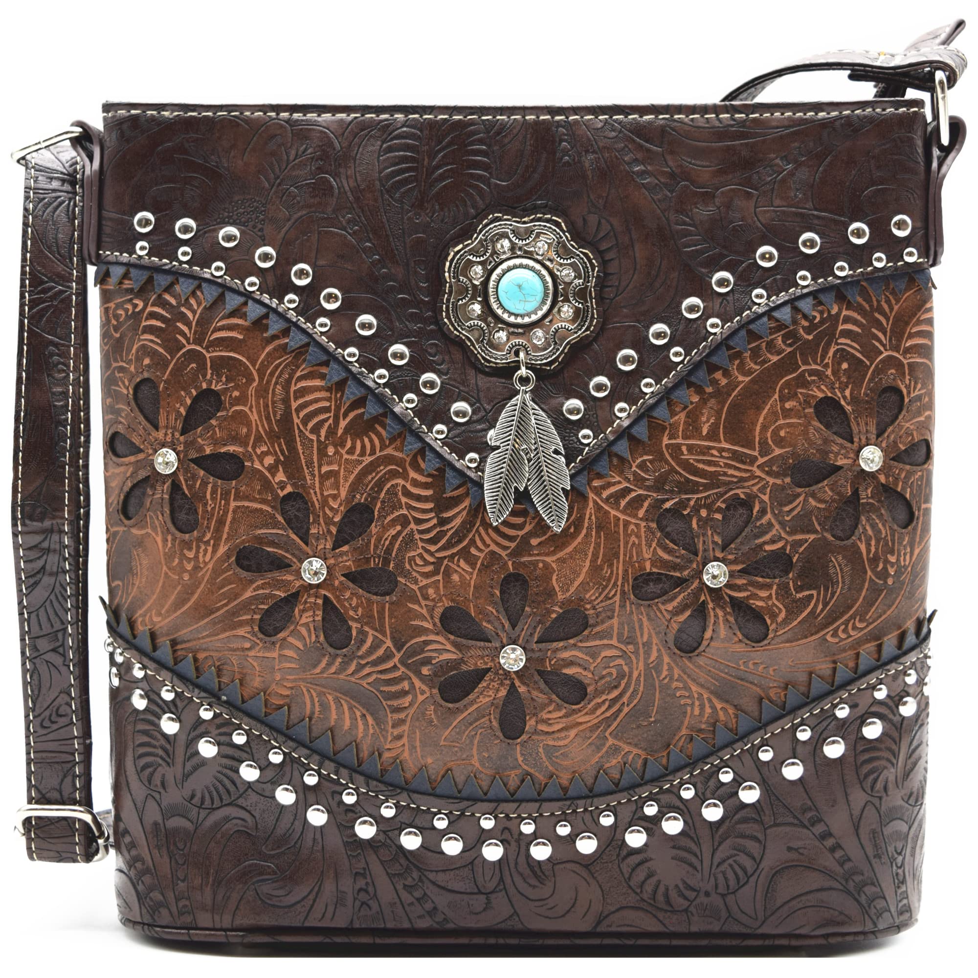 Western Style Tooled Leather Feather Crossbody Handbag for Women - Vintage Country Shoulder Purse & Clutch for Everyday Use, Date Night, and Western Themed Events