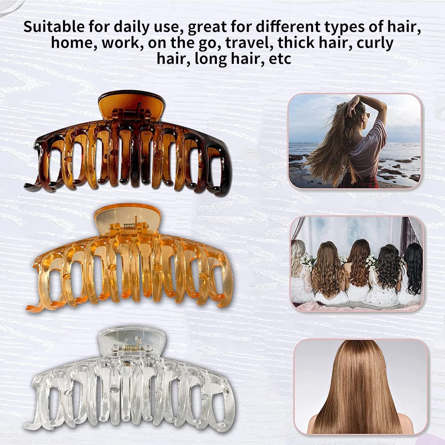 3 PCS Large Non-Slip Clear Hair Claw Clips for Women - Jumbo Strong Hold Banana Clips for Thick Hair | Perfect for Ponytails, Buns and Everyday Hairstyles