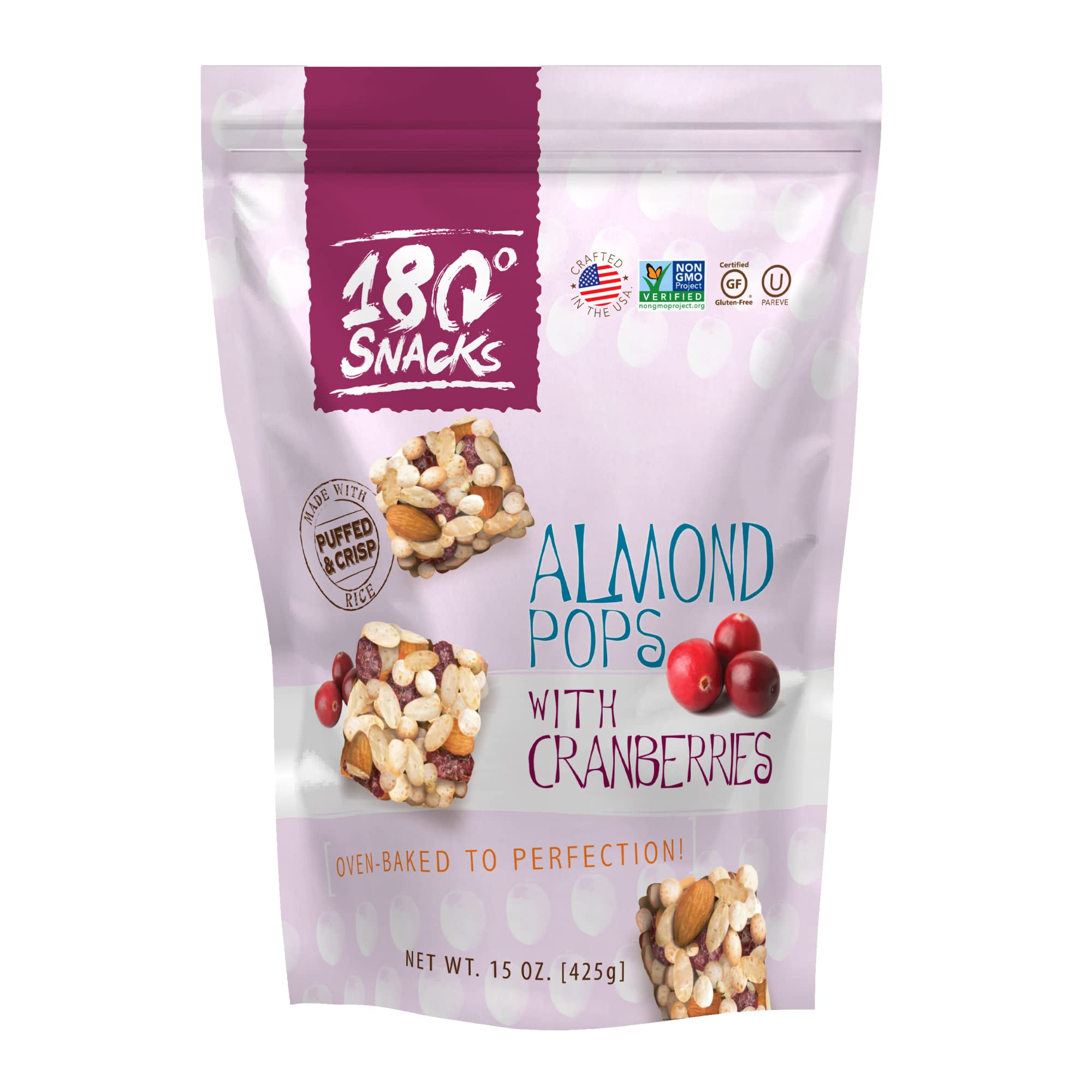 180 Almond Rice Pops with Cranberries - Healthy Non-GMO, Dairy-Free, Gluten-Free Snacks for Kids & Adults - 15 oz Pack - Perfect for School Lunches, Office Snacks & On-the-Go Energy Boost
