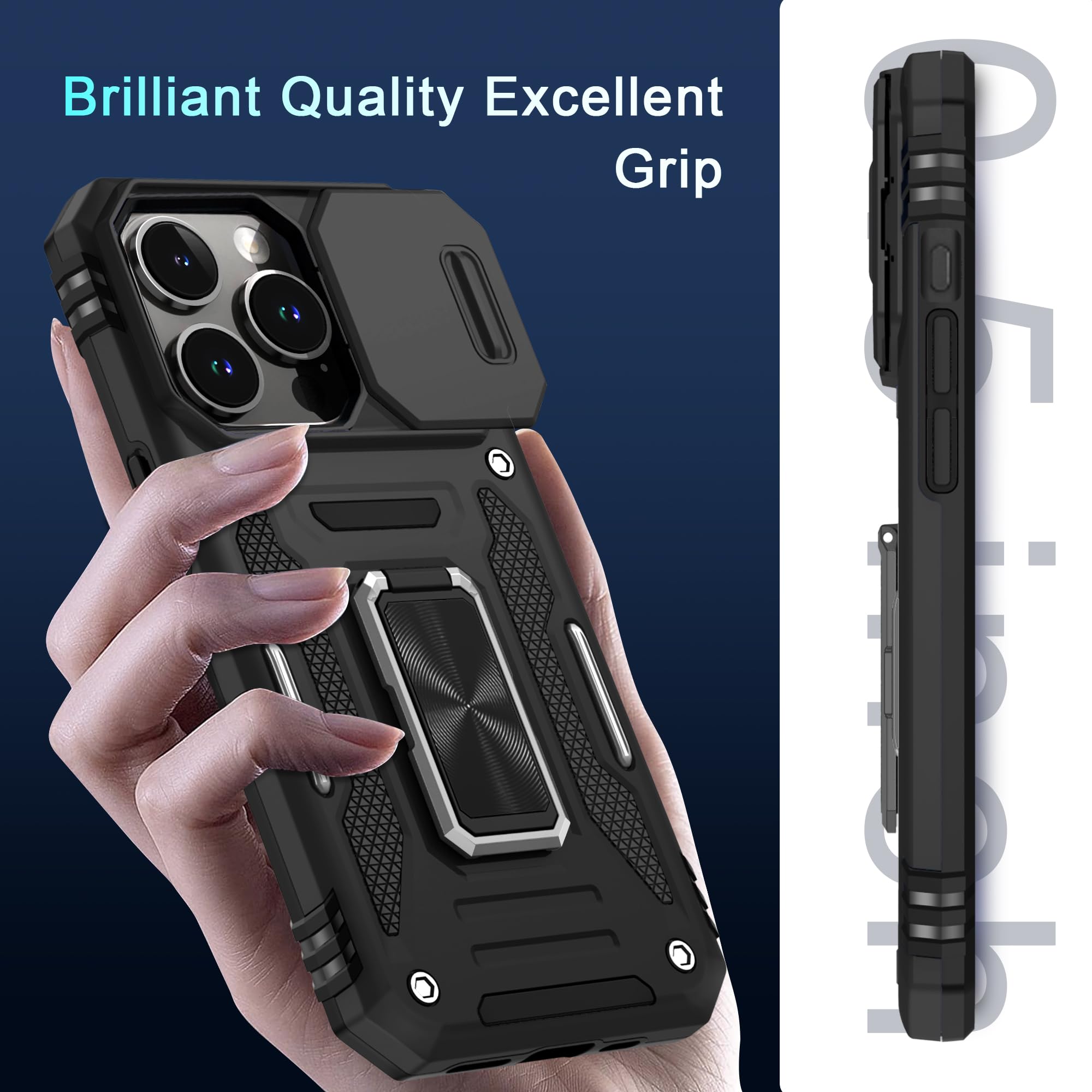DEERLAMN iPhone 15 Pro Max Case with Slide Camera Cover & Screen Protector (6.7 Inch) - Military Grade Shockproof Protective Cover with Rotating Ring Kickstand - Black | Perfect for Outdoor Activities, Travel & Daily Protection