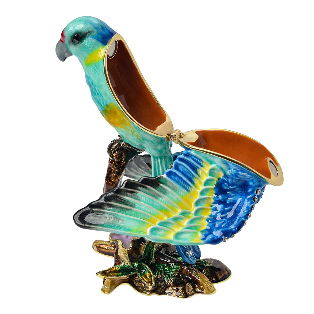 Exquisite Golden Crystal Enameled Parrot Jewelry Box - Hand-Painted Hinged Bird Trinket Case | Elegant Home Decor & Unique Gift for Bird Lovers | Perfect for Jewelry Storage, Display & Special Occasion Gifting