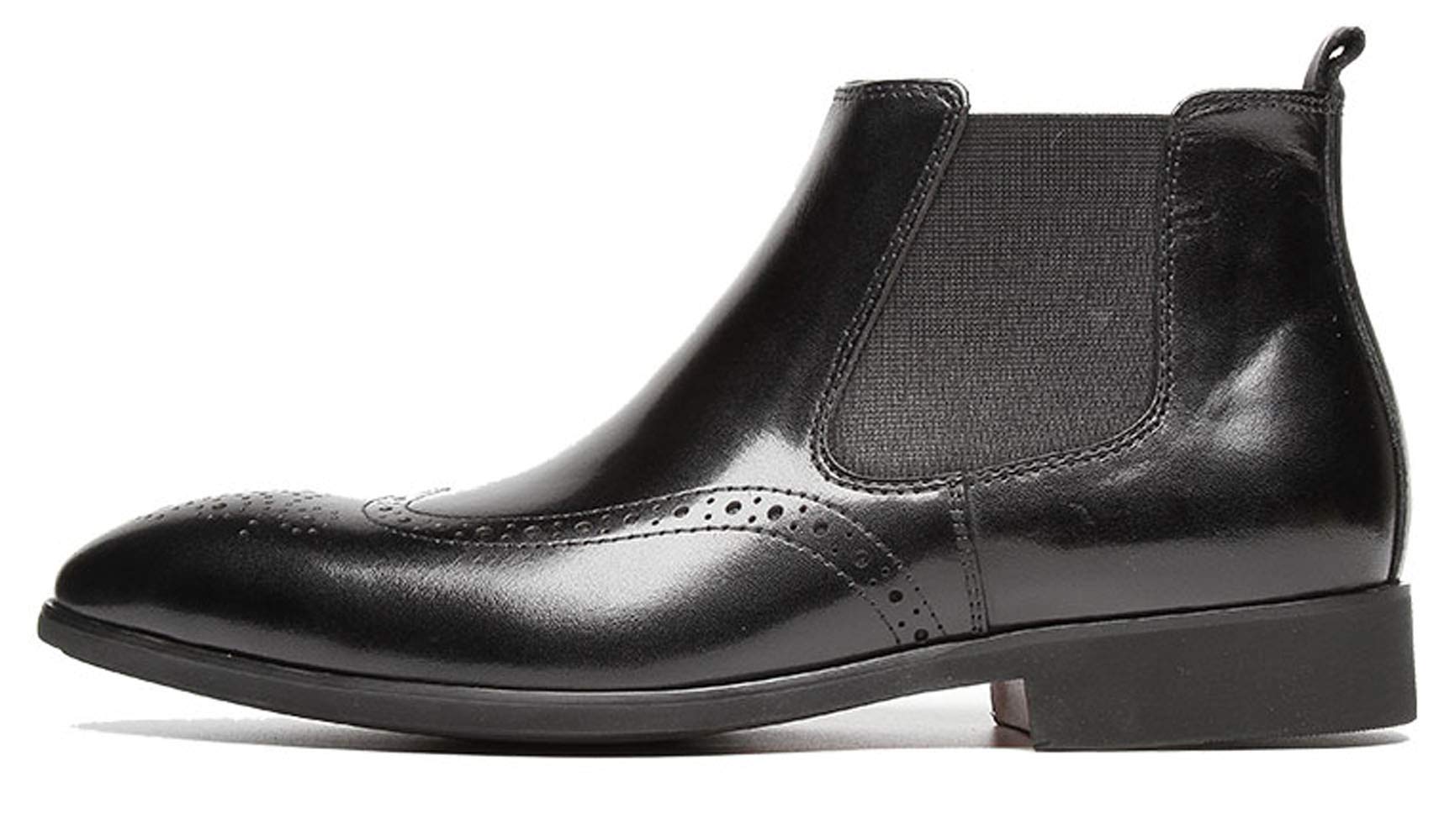 Santimon Men's Leather Chelsea Boots - Slip On Dress Ankle Boots with Brogue Detailing - Black - Perfect for Casual, Business & Formal Occasions