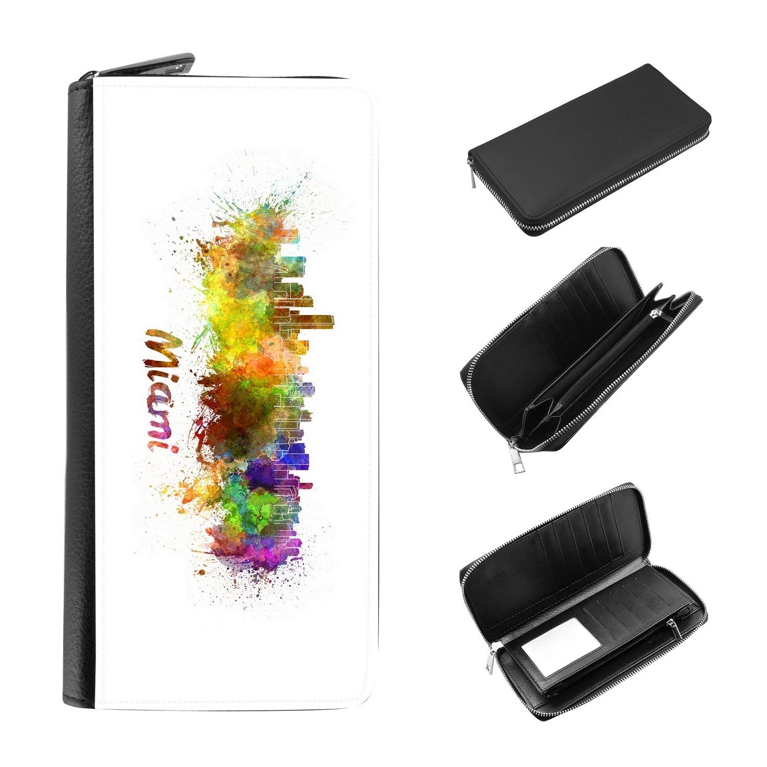RFID Blocking Women's Zip Around Wallet & Phone Clutch with Card Organizer - Miami Skyline Watercolor Design - Perfect for Travel, Shopping & Everyday Use