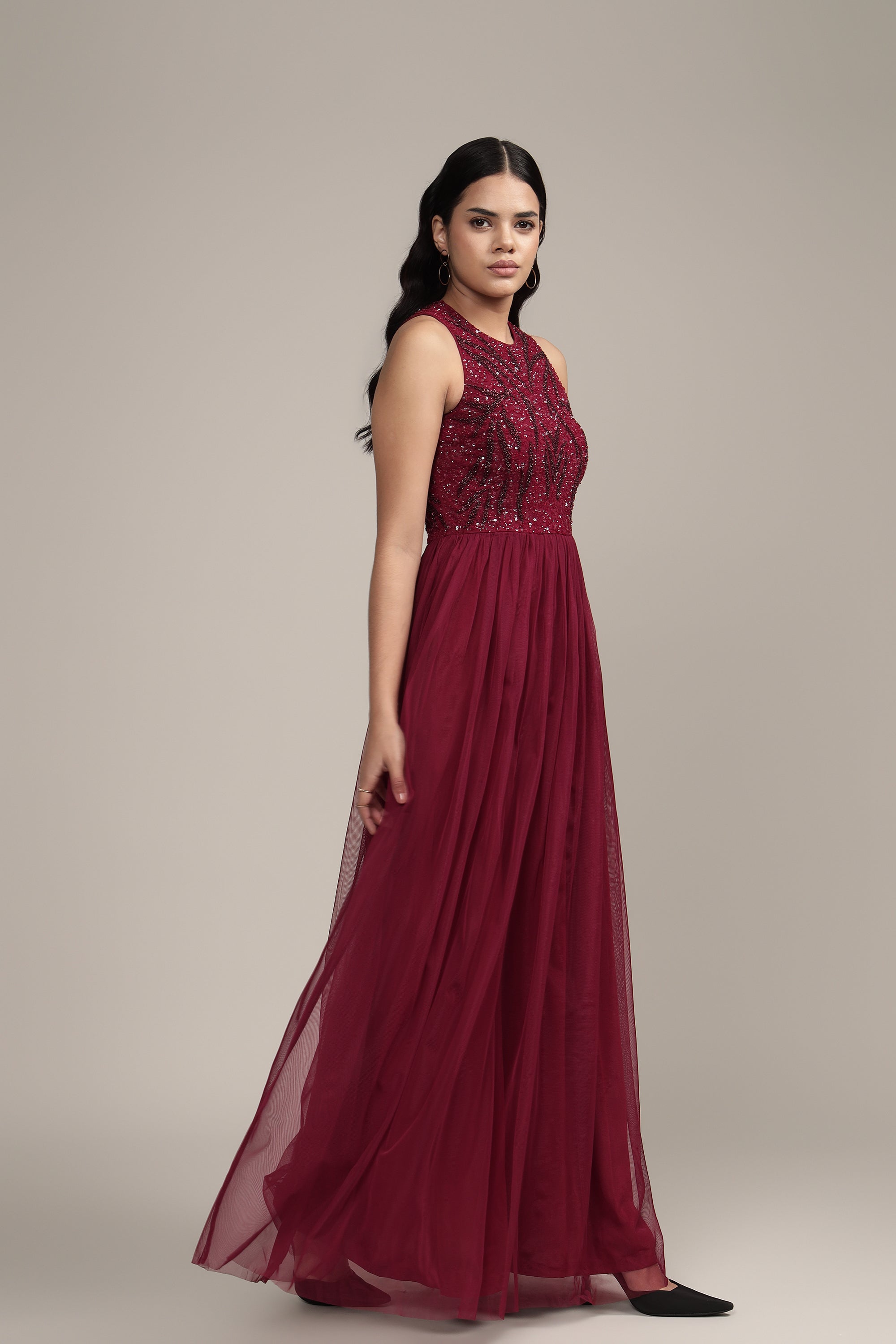 Linda Embellished Maxi Dress in Burgundy - Elegant Long Formal Evening Gown for Women | Perfect for Weddings, Parties & Special Occasions