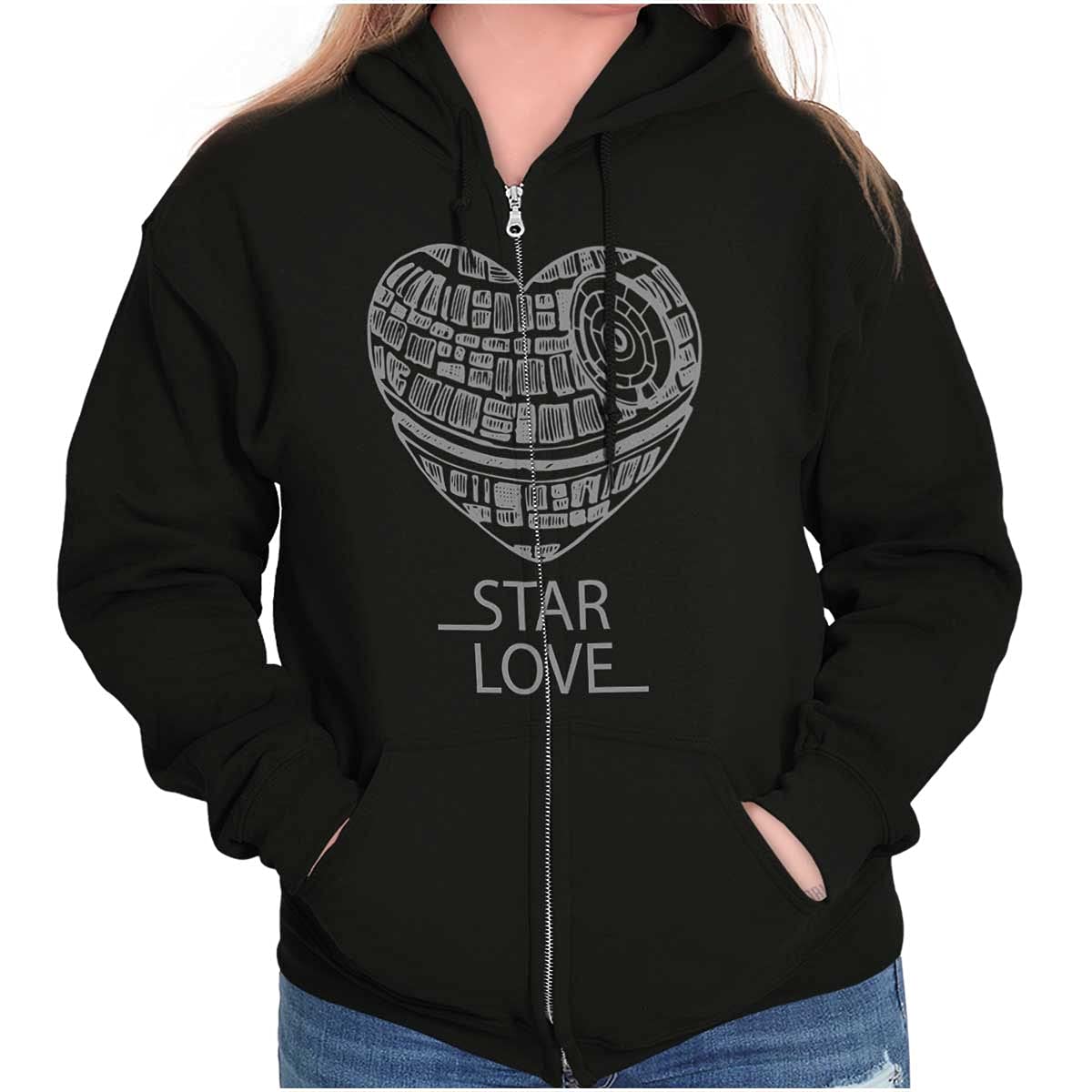 Brisco Brands Women's Star Love Dark Galaxy Robot Heart Zip-Up Hoodie Sweatshirt - Trendy Streetwear for Casual Outings & Cozy Loungewear