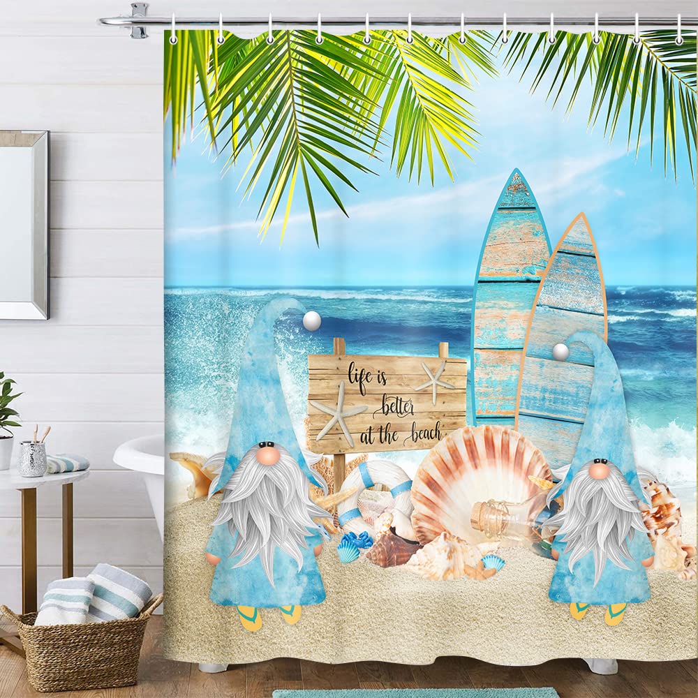 Tropical Beach Shower Curtain Set - Blue Ocean Seaside Design with Surfing Gnomes | 70x84 Inch Waterproof Bathroom Decor for Kids & Adults | Perfect for Coastal, Vacation & Summer Themed Bathrooms