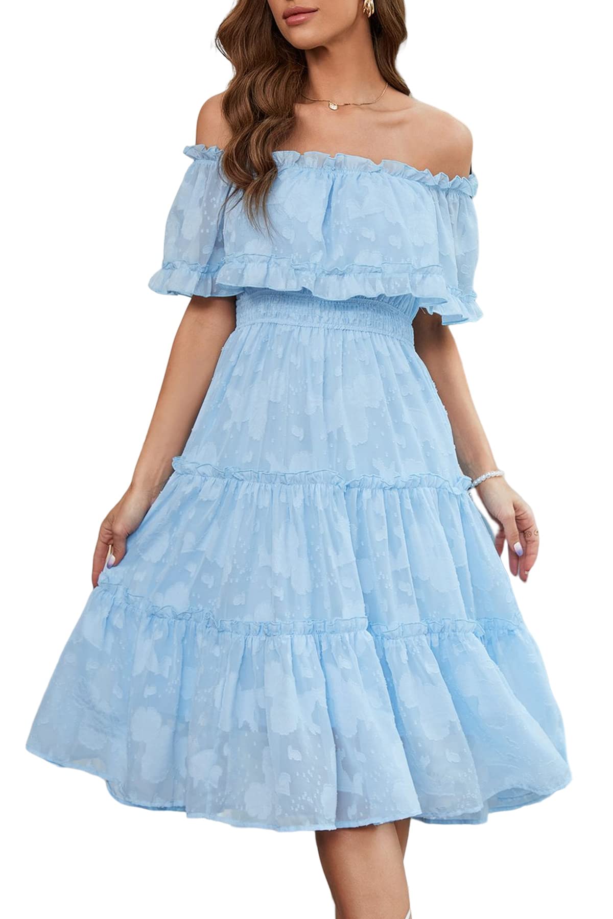 MAXVIGOR Women's Off Shoulder Ruffle Midi Dress - Wedding Guest, Cocktail Party, Summer Beach Dress - Flowy A-Line Tiered Casual Dress for Special Occasions & Vacations