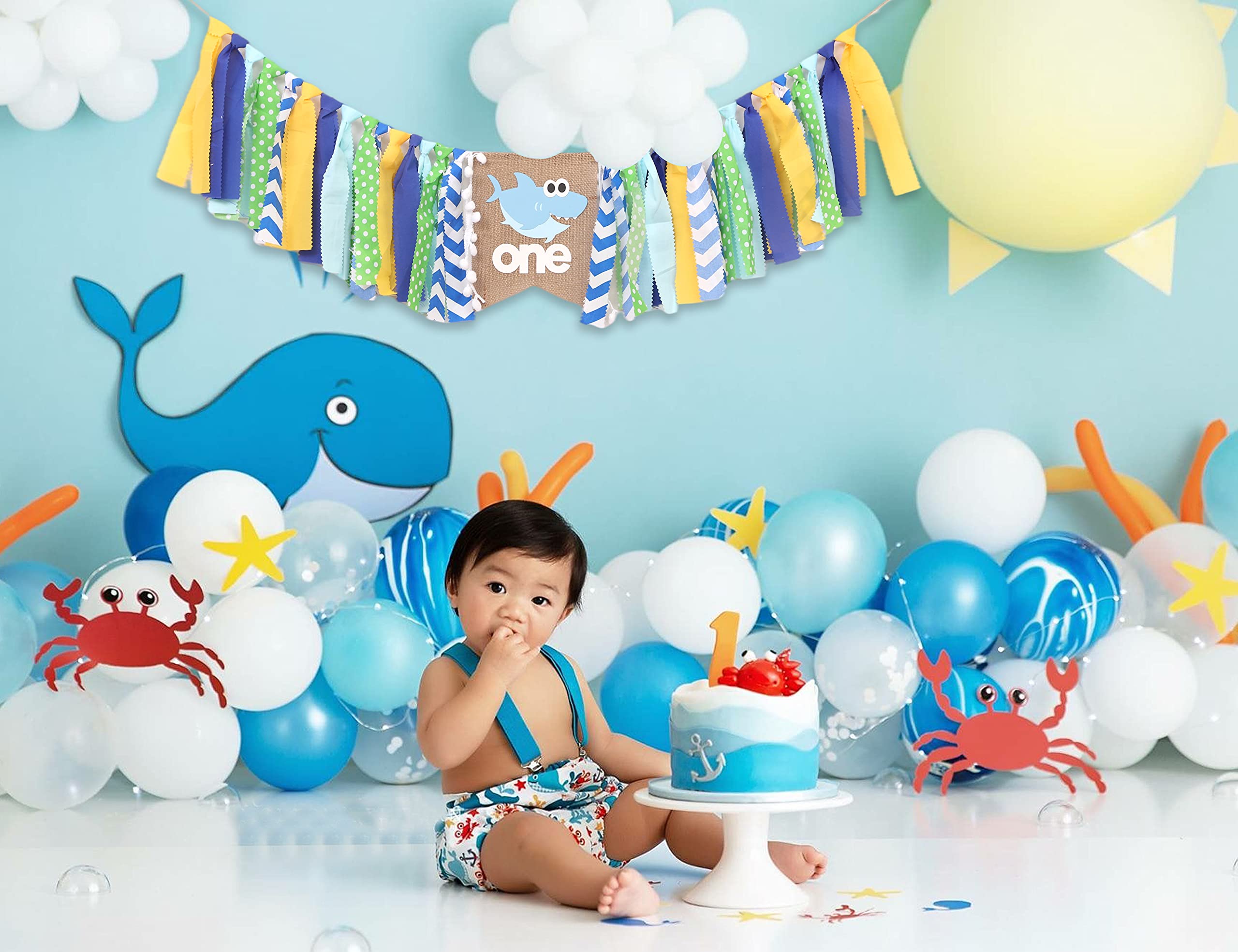 Shark Highchair Banner for 1st Birthday Party - Baby Shark Birthday Decorations, Under the Sea Theme Party Supplies, 1st Birthday Cake Smash Photo Props for Boys & Girls - Perfect for Ocean Themed Birthday Parties, Baby Showers and Photo Backdrops