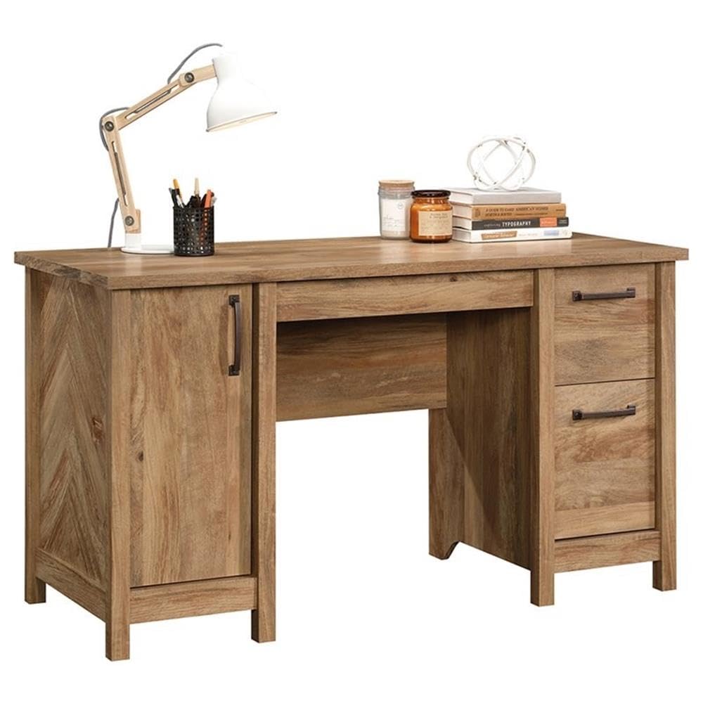 Pemberly Row Coastal Engineered Wood Computer Desk in Sindoori Mango/Brown - Modern Home Office Desk for Small Spaces, Remote Work & Study - Durable Writing Table with Storage Shelf