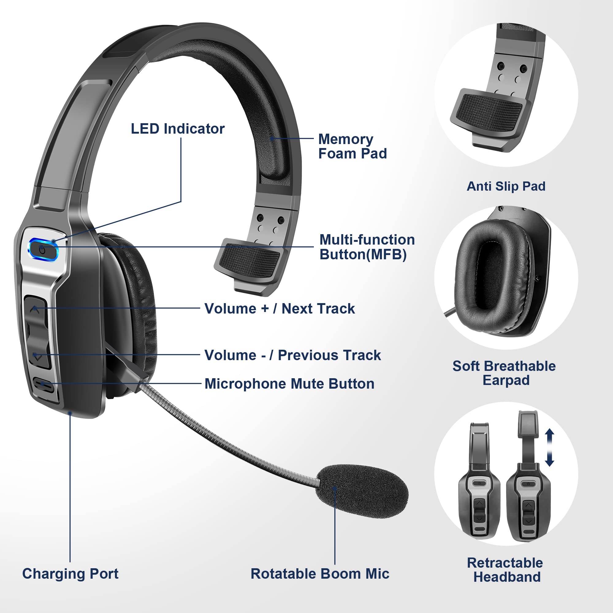 Upgraded Trucker Bluetooth Headset V5.2 - Wireless Headphones with AI Noise Canceling Microphone & Mute Function for Drivers, Office & Call Center - Hands-Free Communication for Professional Trucking, Business Calls & Remote Work