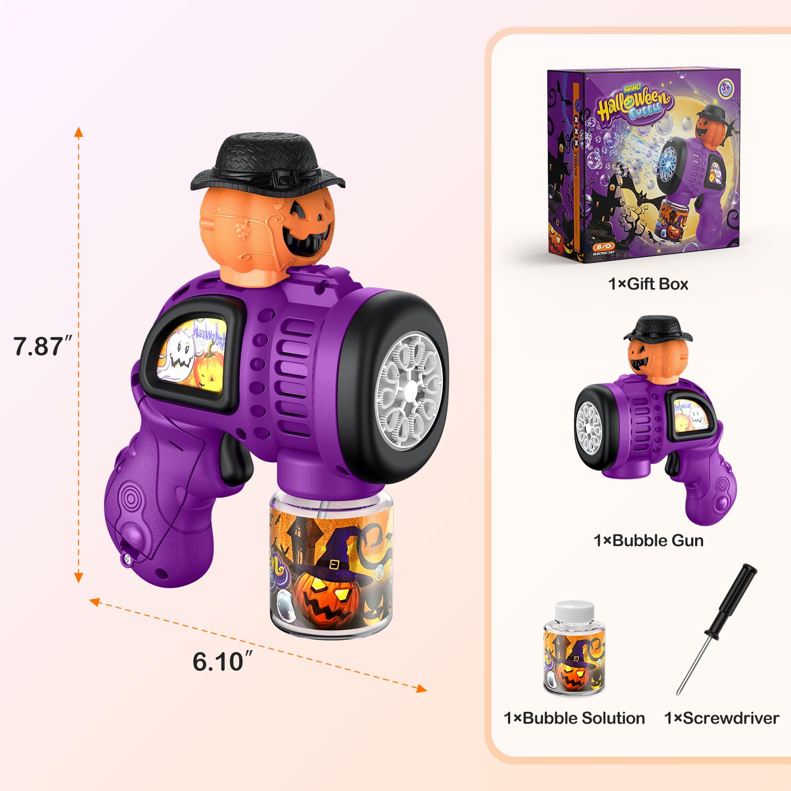 Fansteck Halloween Bubble Gun for Kids - 10 Hole Pumpkin Bubble Blower with LED Lights, Automatic Bubble Machine Toy for Toddlers | Perfect for Halloween Parties, Outdoor Play, Birthday Favors & Backyard Fun