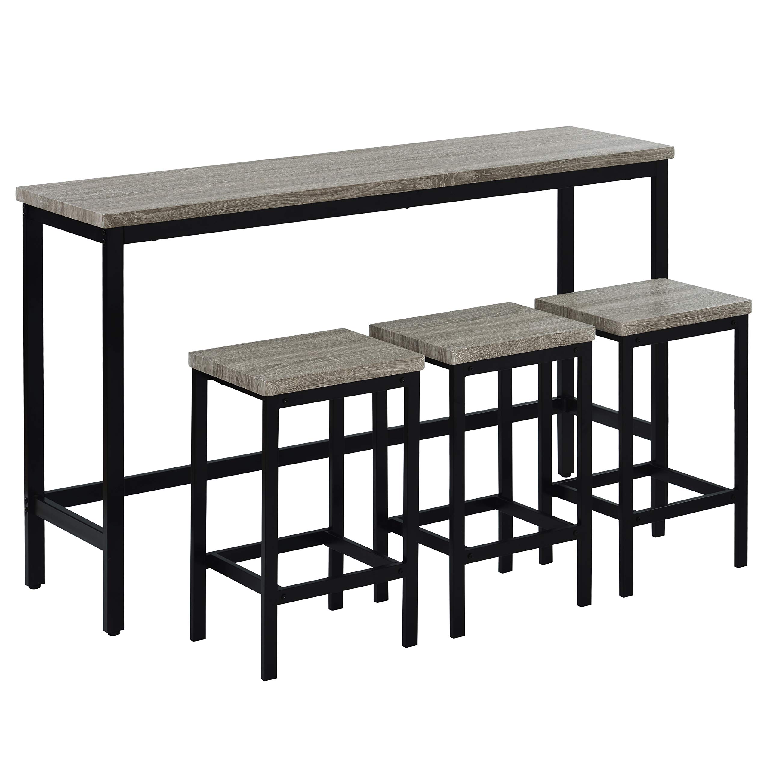4-Piece Industrial Style Counter Height Dining Table Set with 3 Stools & Footrest - Extra Long Pub Table, Kitchen Bar Table for Small Spaces - Perfect for Breakfast Nook, Apartment Dining, or Home Pub (Gray & Metal Finish)