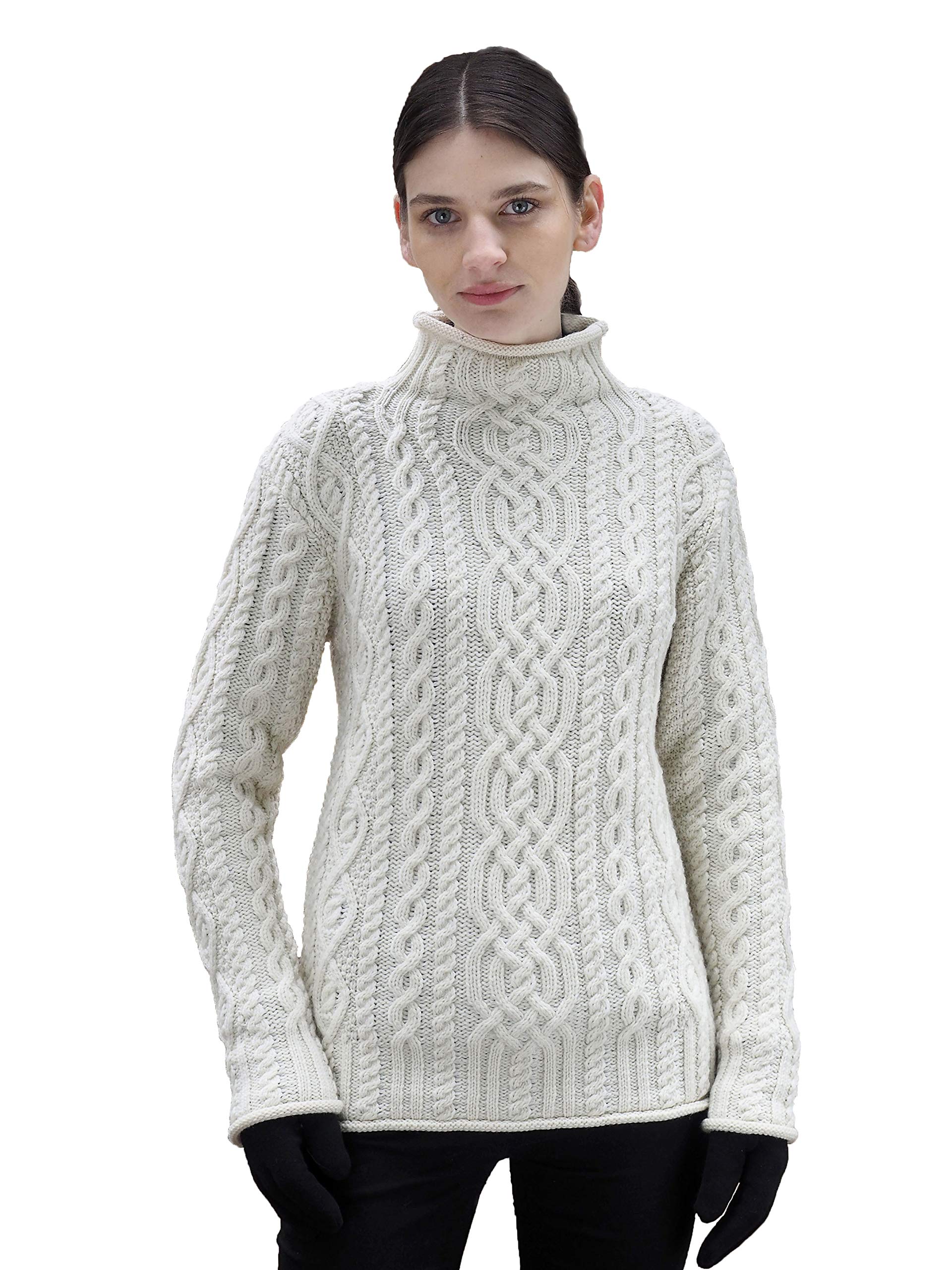 Aran Crafts Women's Cable Knit Funnel Neck Sweater - 100% Super Soft Merino Wool Winter Pullover for Cozy Comfort | Perfect for Cold Weather, Office Wear & Holiday Outfits
