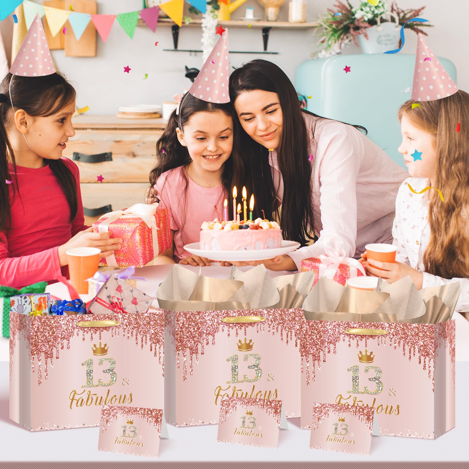 Yoirrat Rose Gold 13 & Fabulous 13th Birthday Gift Bag Set for Girls - Large Pink Party Favor Bag with Wrapping Paper & Card - Perfect for Teen Birthday Decorations, Party Supplies & Celebration Gifts