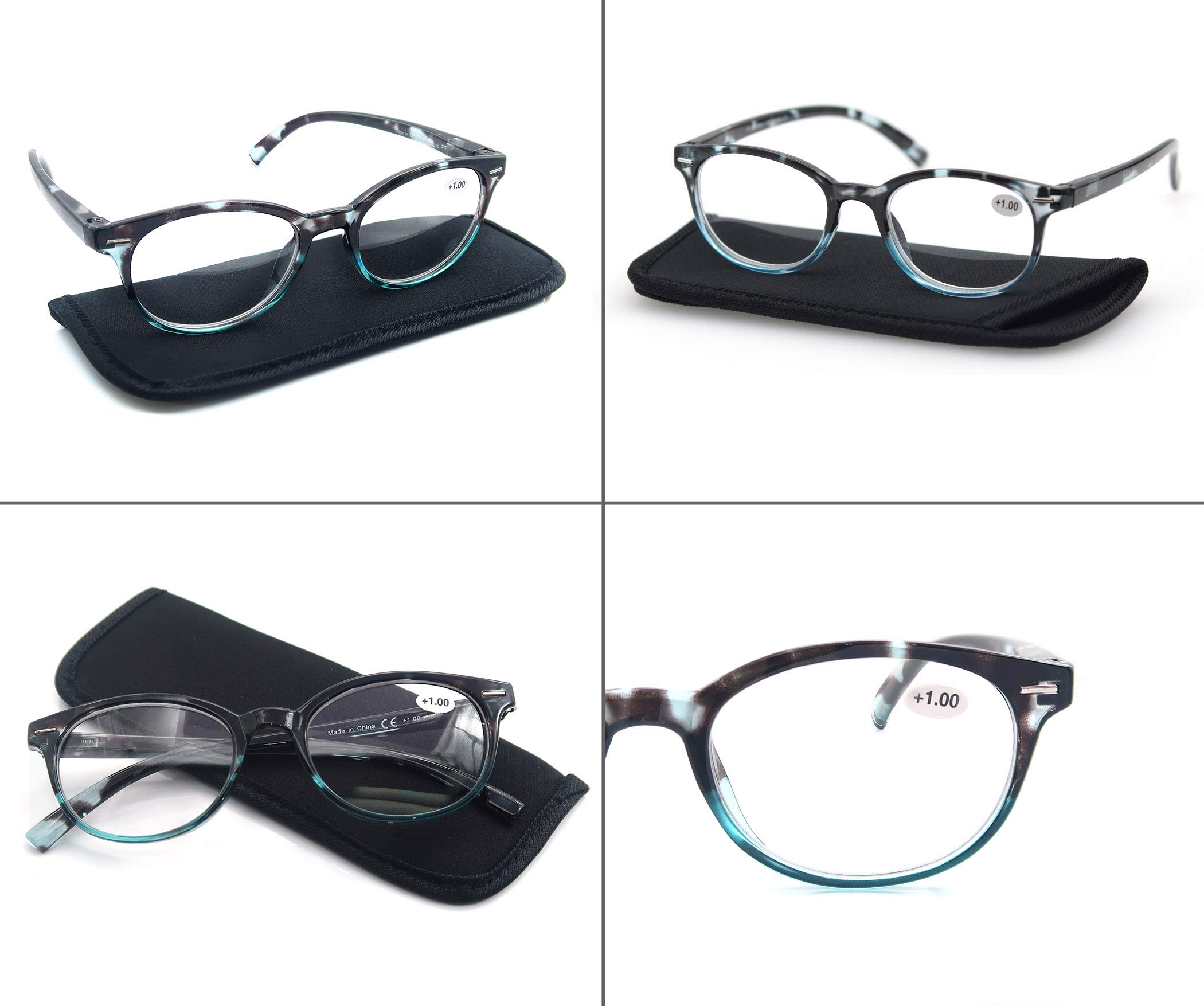 Stylish Small Round Reading Glasses for Women +2.25 Strength - Lightweight Blue Demi Frame with Spring Hinges (3-Pack) - Perfect for Petite Faces & Small Heads | Ideal for Reading Books, Using Smartphones & Working on Computers