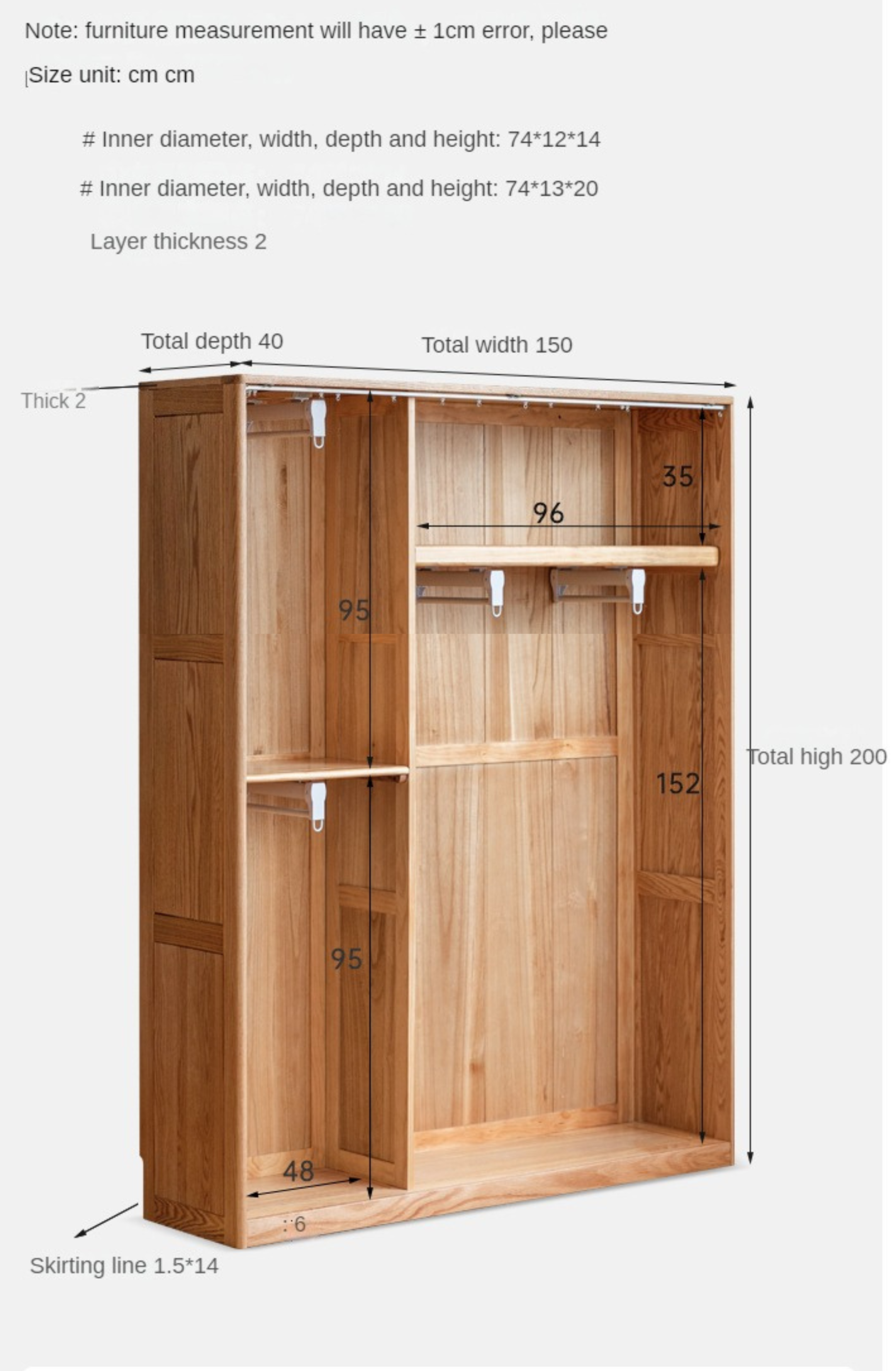 Solid Oak Wood Wardrobe with Thin Fabric Curtain - Stylish Closet Organizer for Bedroom, Living Room & Dorm Storage