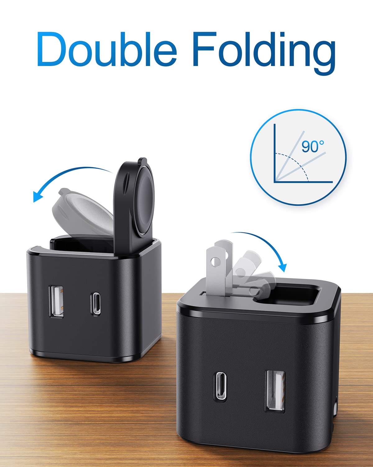 36W Apple Fast Charger with Built-in Watch Charger | Foldable PD Wall Charger Block for iPhone 14/13/12/11/Pro/Max | Dual USB-C Ports Charging Station Compatible with Apple Watch, AirPods, iPad (Black) - Perfect for Travel, Office & Home Use