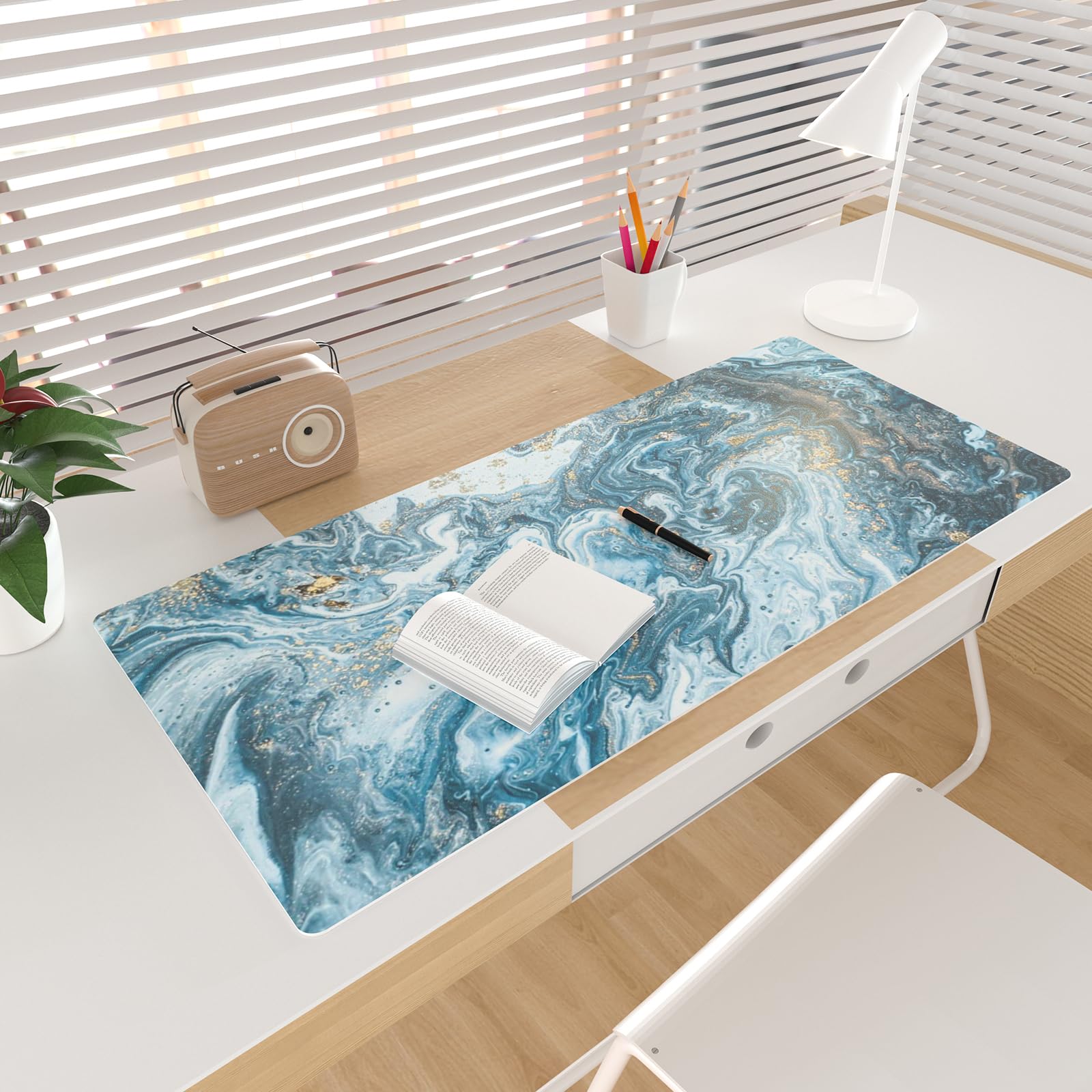 Premium Waterproof Blue & Gold Marble Desk Pad - Large 31.5