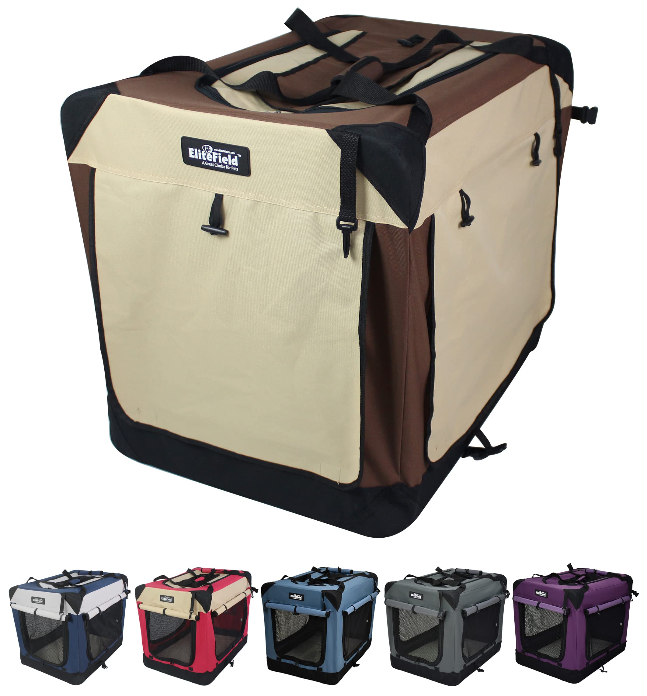 EliteField 4-Door Foldable Soft Dog Crate with Removable Curtains, Carry Bag & Plush Fleece Bed - Portable Indoor/Outdoor Pet Kennel for Travel & Home (24
