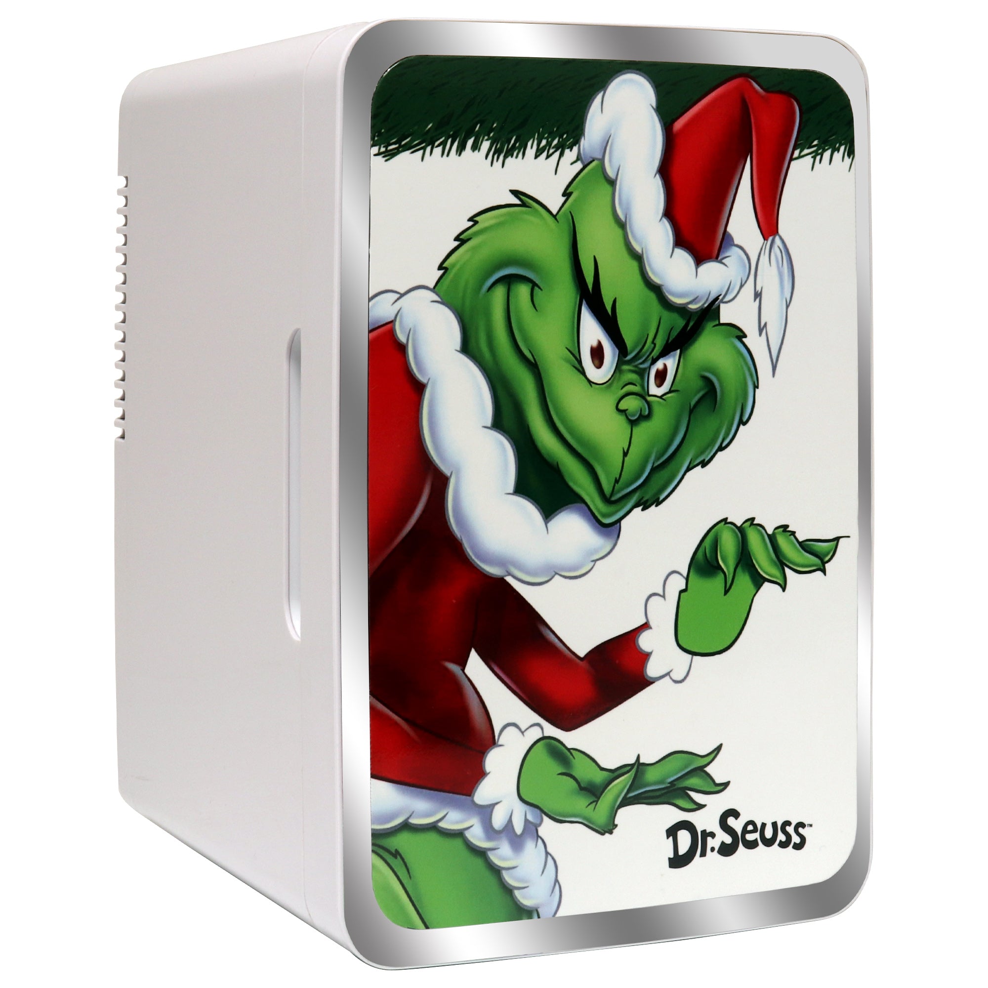 Dr. Seuss Grinch 6L Mini Fridge - Portable 8 Can Cooler with 12V/110V Dual Power for Home, Travel, Office & Dorm - Perfect for Snacks, Drinks & Beauty Products Storage
