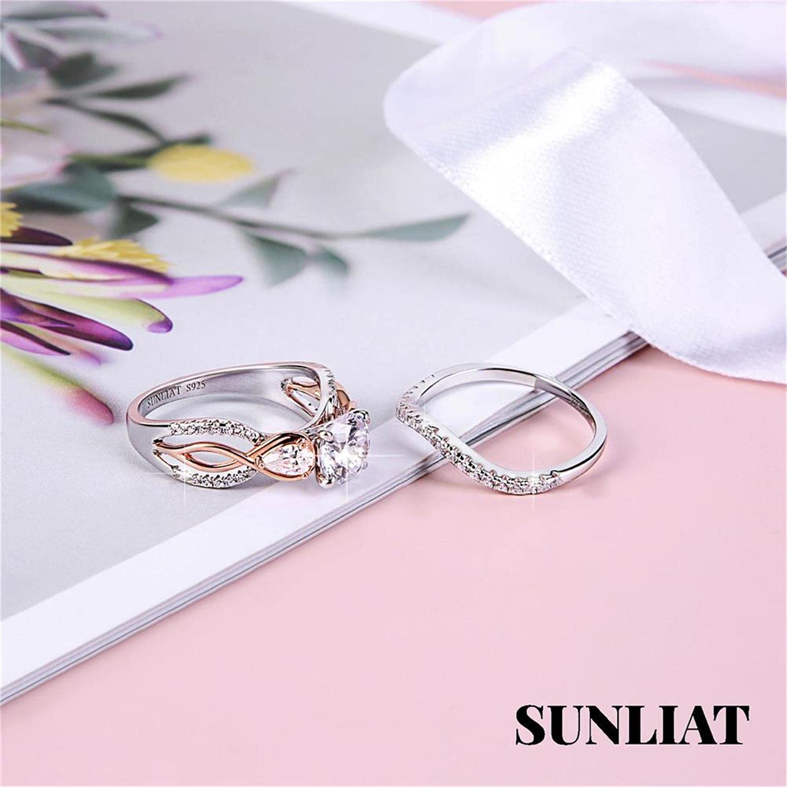 925 Sterling Silver Rose Gold Plated Women's Engagement Wedding Ring Set - 3 Stone Round & Pear Cubic Zirconia Bridal Jewelry Set - Perfect for Proposals, Anniversaries & Romantic Gifts